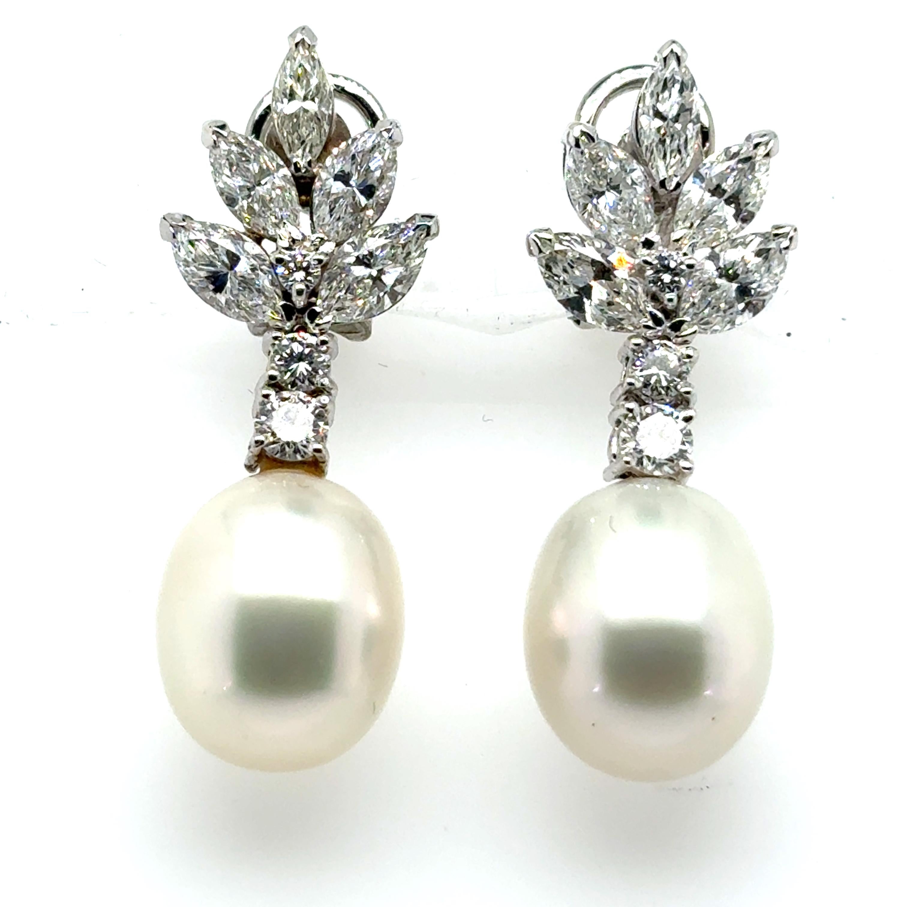 Orecchini con perle dei mari del sud, diamanti rotondi e marquise 4,32 carati in vendita 1