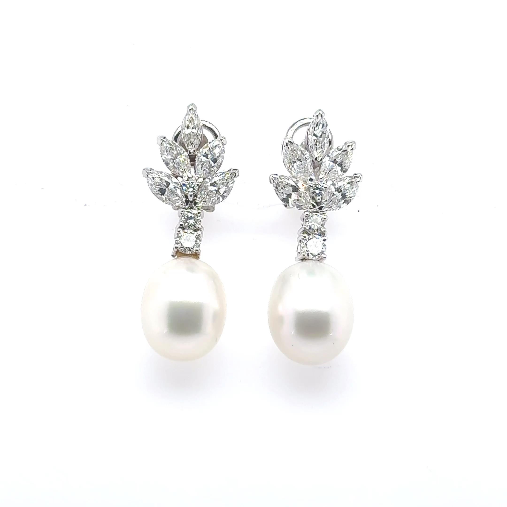 Orecchini con perle dei mari del sud, diamanti rotondi e marquise 4,32 carati in vendita 2