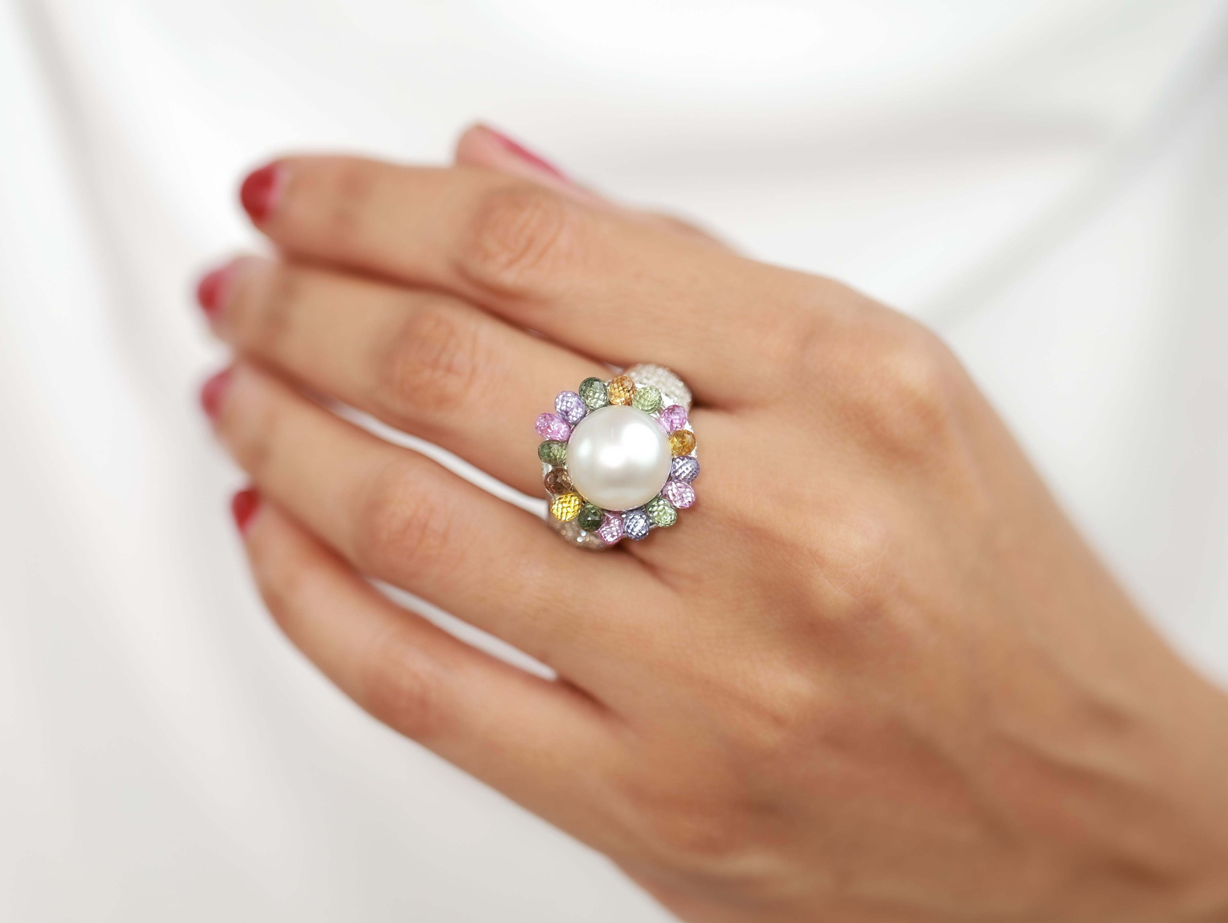 South Sea Pearl Multi Sapphire And Diamonds Statement Cocktail Ring in 18k White

Available in 18k White gold.

Same design can be made also with other custom gemstones per request.

Product details:

- Solid gold 17.8 grams

- Side diamond -