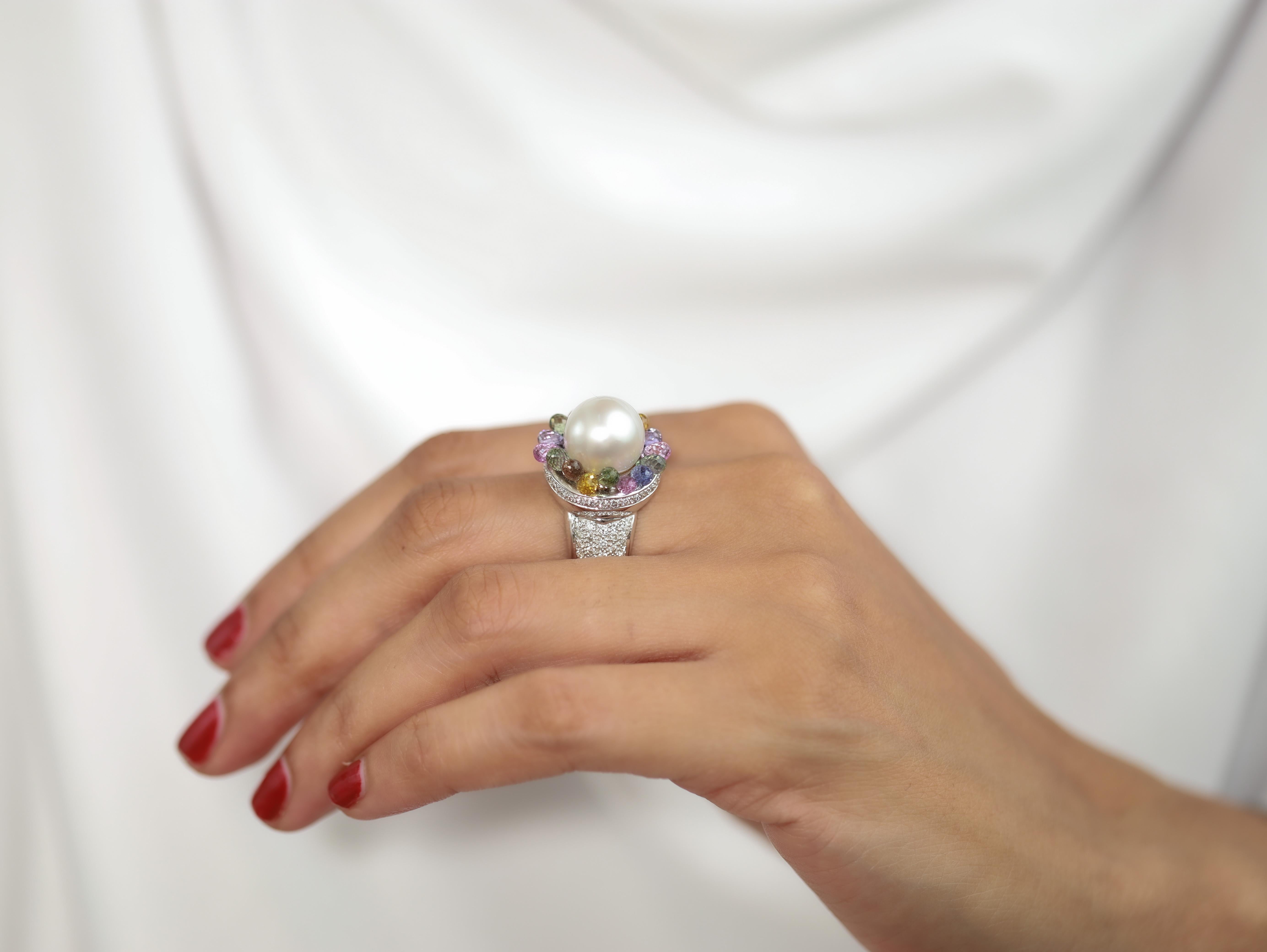 Art Deco South Sea Pearl Multi Sapphire and Diamonds Statement Cocktail Ring in 18k White For Sale