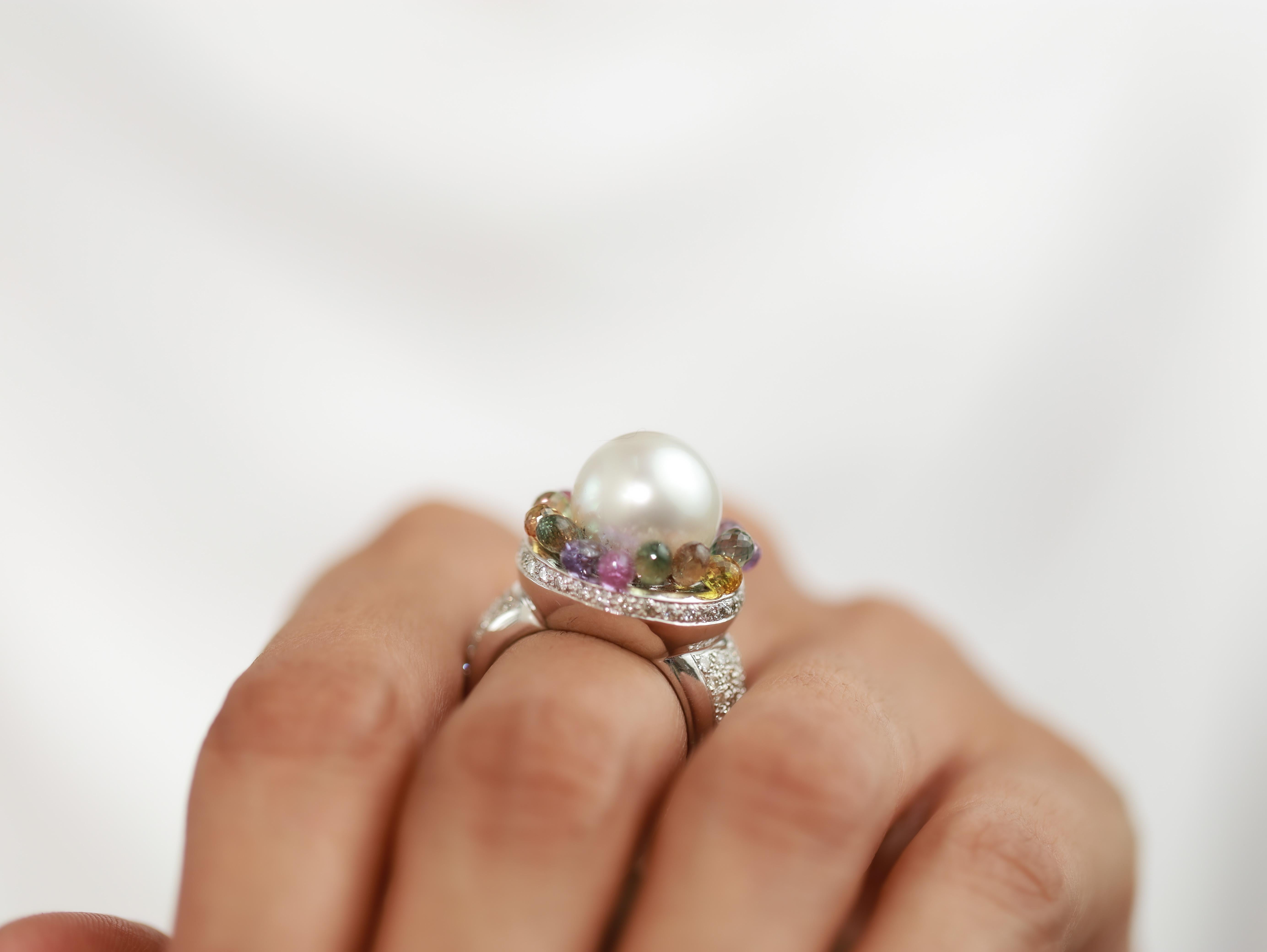 Cushion Cut South Sea Pearl Multi Sapphire and Diamonds Statement Cocktail Ring in 18k White For Sale