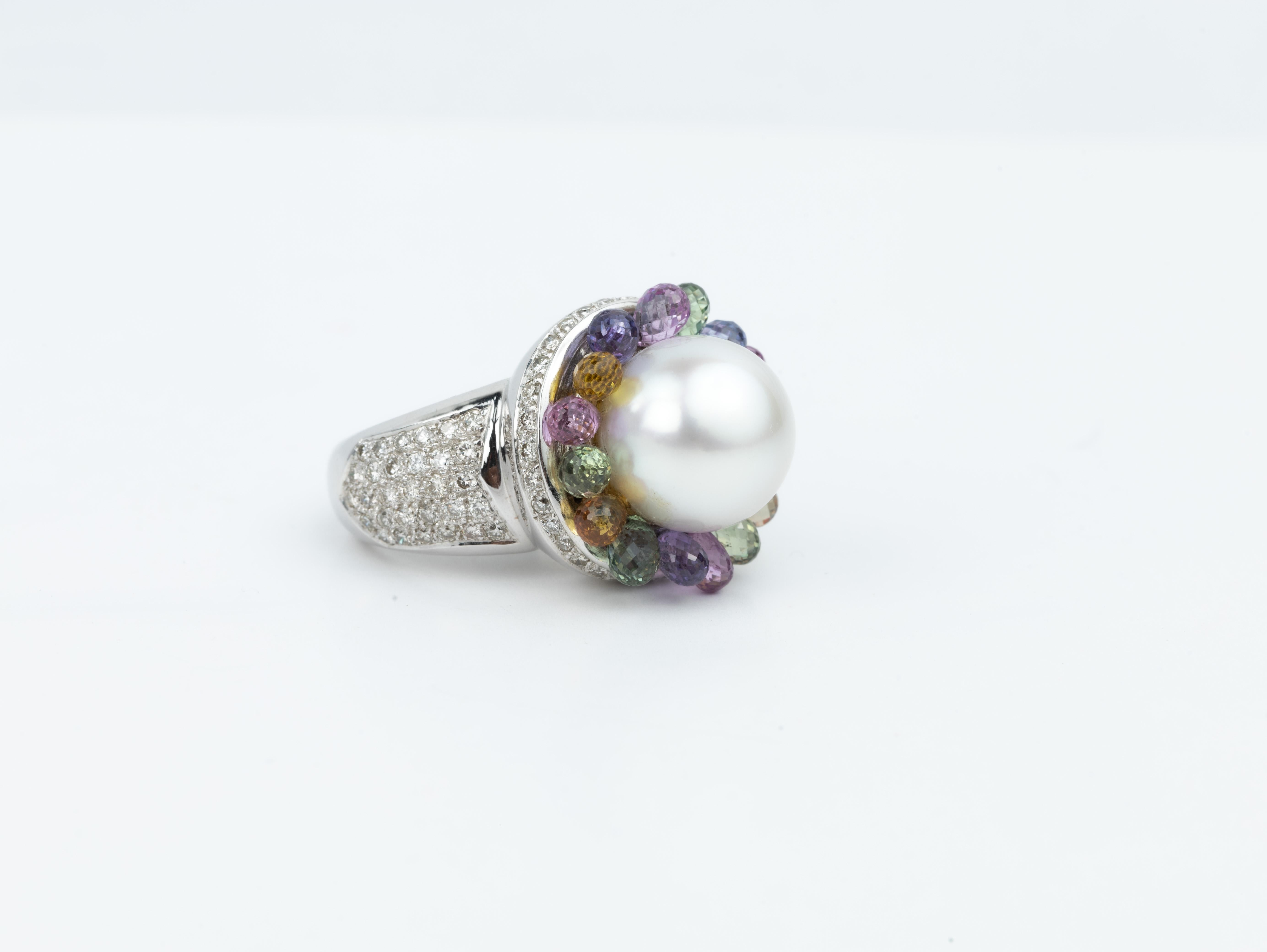 South Sea Pearl Multi Sapphire and Diamonds Statement Cocktail Ring in 18k White In Excellent Condition For Sale In Jaipur, RJ