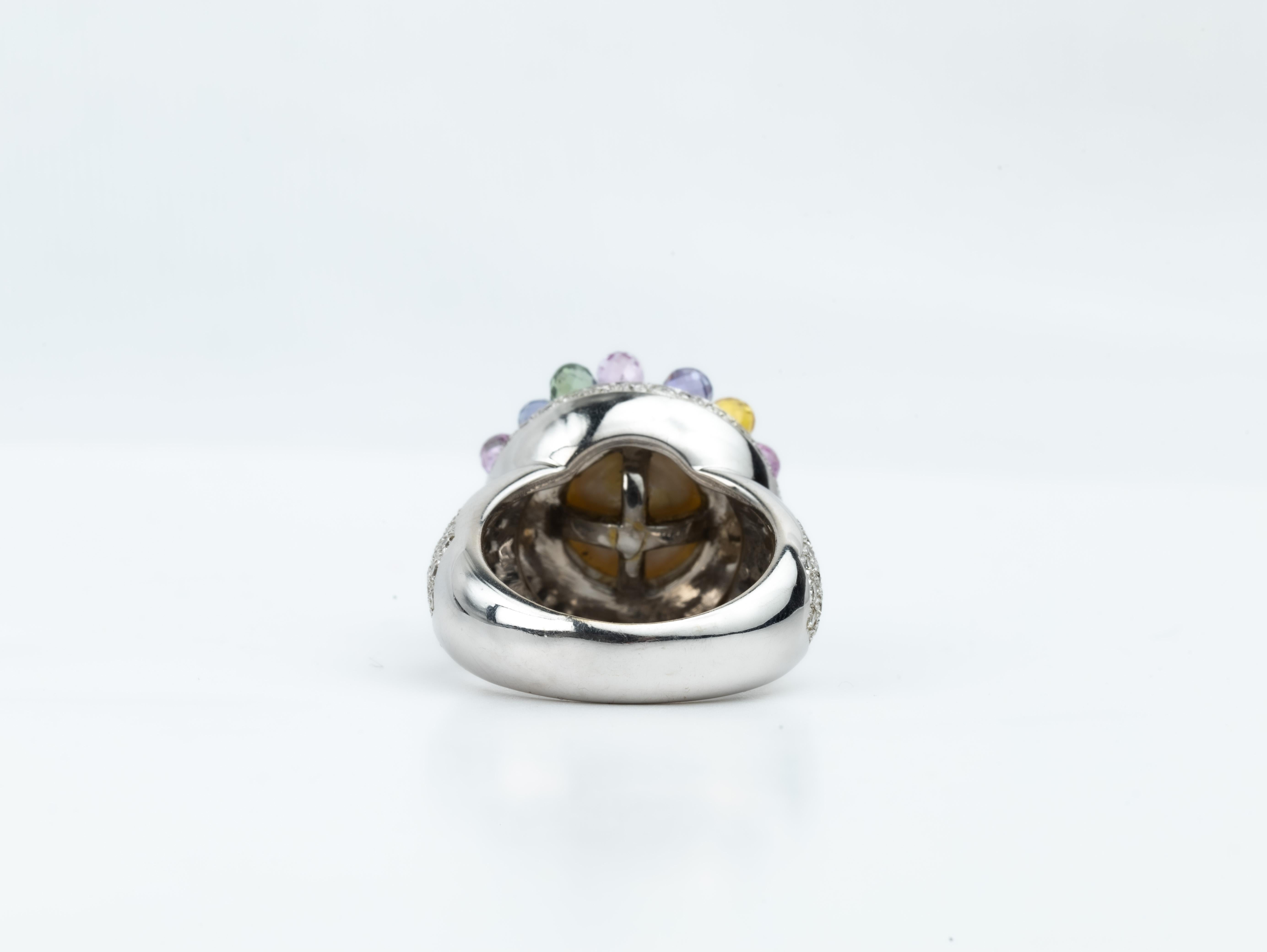 South Sea Pearl Multi Sapphire and Diamonds Statement Cocktail Ring in 18k White For Sale 1