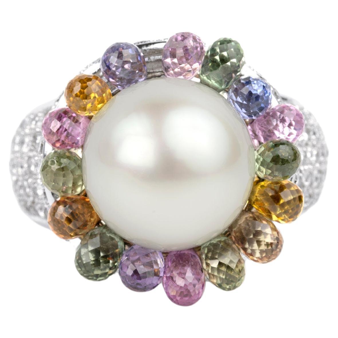 South Sea Pearl Multi Sapphire and Diamonds Statement Cocktail Ring in 18k White For Sale