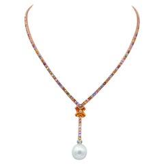 South-Sea Pearl, Multicolor Sapphires, Diamonds, 14 Karat Rose Gold  Retrò Necklace
