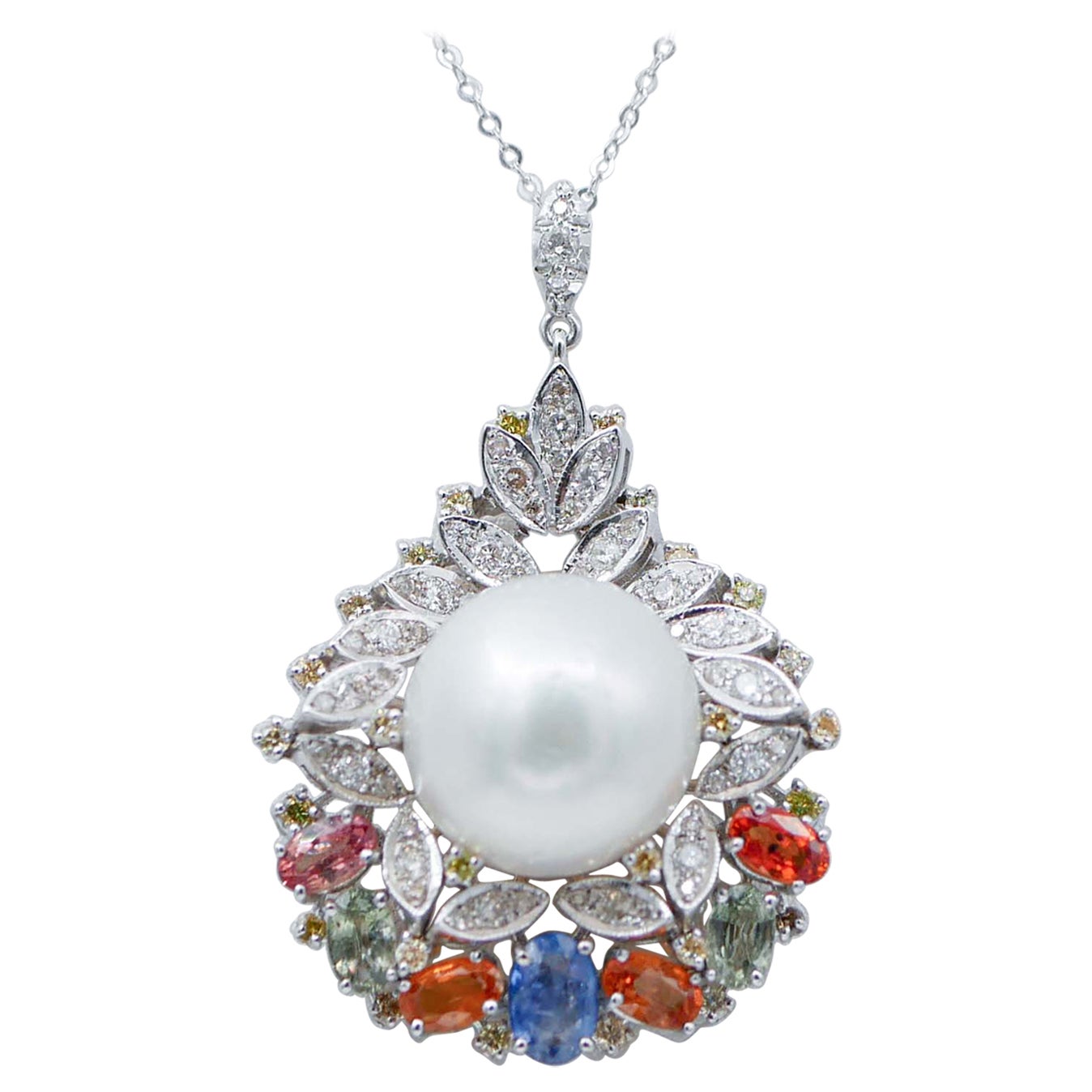 Collier pendentif en or 14 carats, saphirs multicolores et diamants des mers du Sud