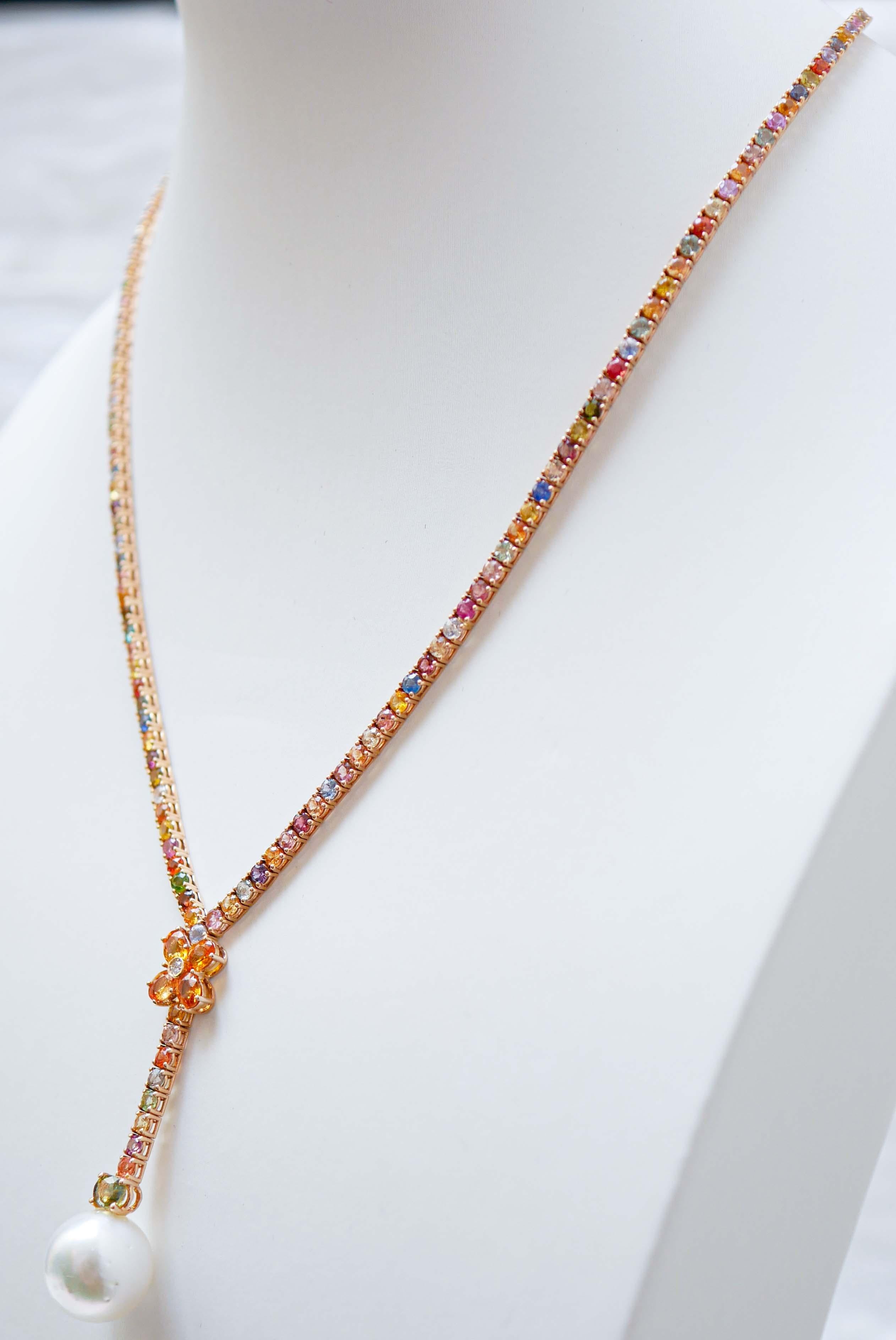 Retro South-Sea Pearl, Multicolor Sapphires, Diamonds, 14 Kt Rose Gold Retrò Necklace.