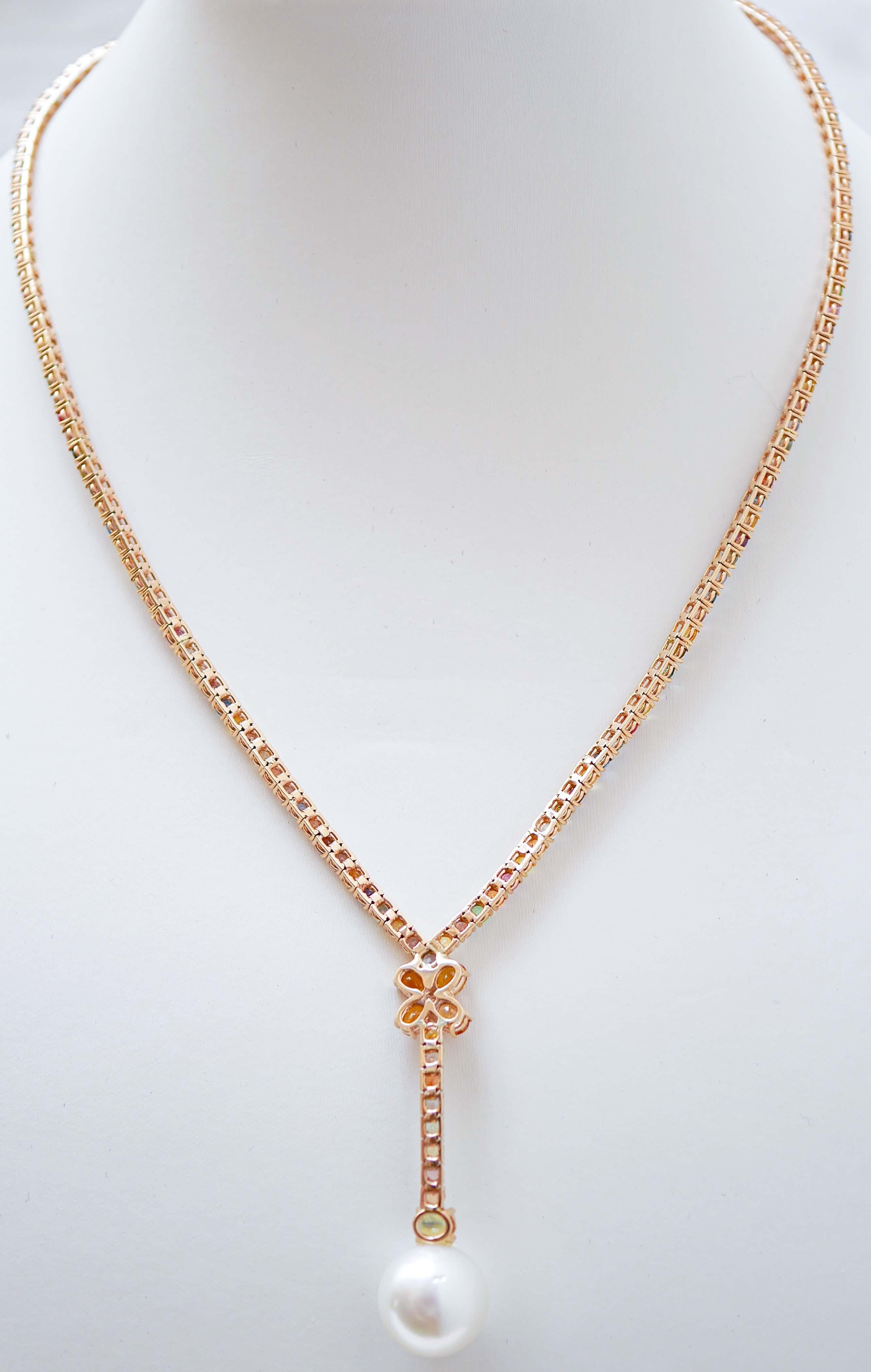 Mixed Cut South-Sea Pearl, Multicolor Sapphires, Diamonds, 14 Kt Rose Gold Retrò Necklace.