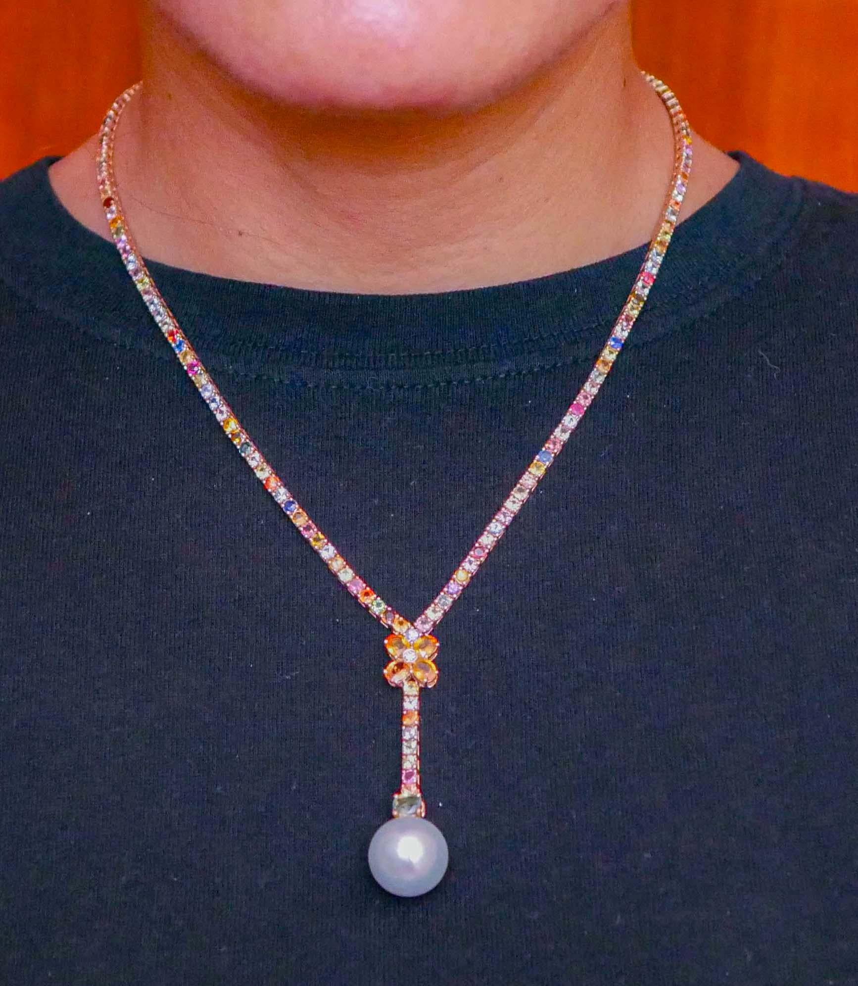 Women's South-Sea Pearl, Multicolor Sapphires, Diamonds, 14 Kt Rose Gold Retrò Necklace.