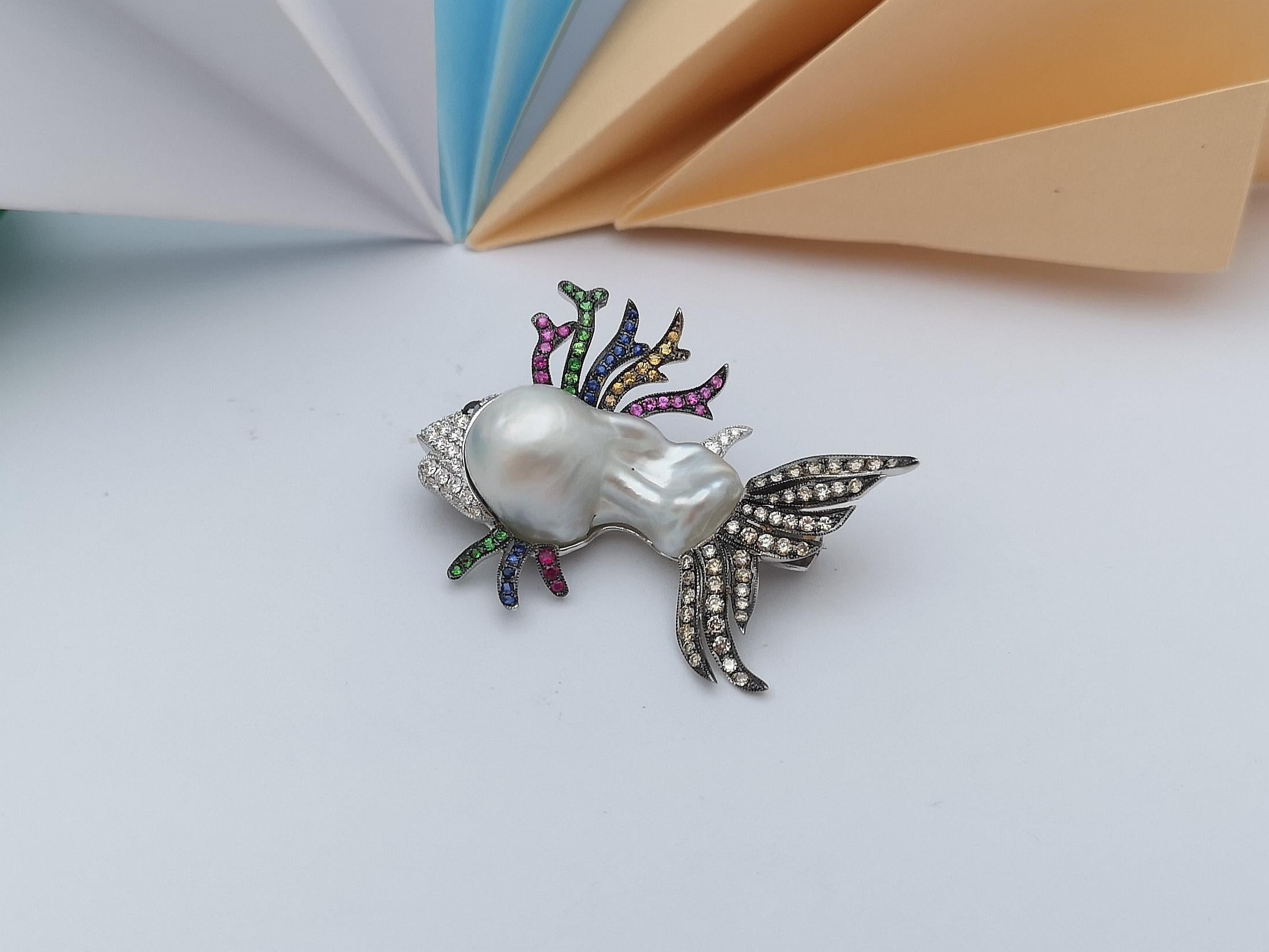 South Sea Pearl, Muti Color Sapphire Scorpionfish Brooch in 18K White Gold For Sale 2