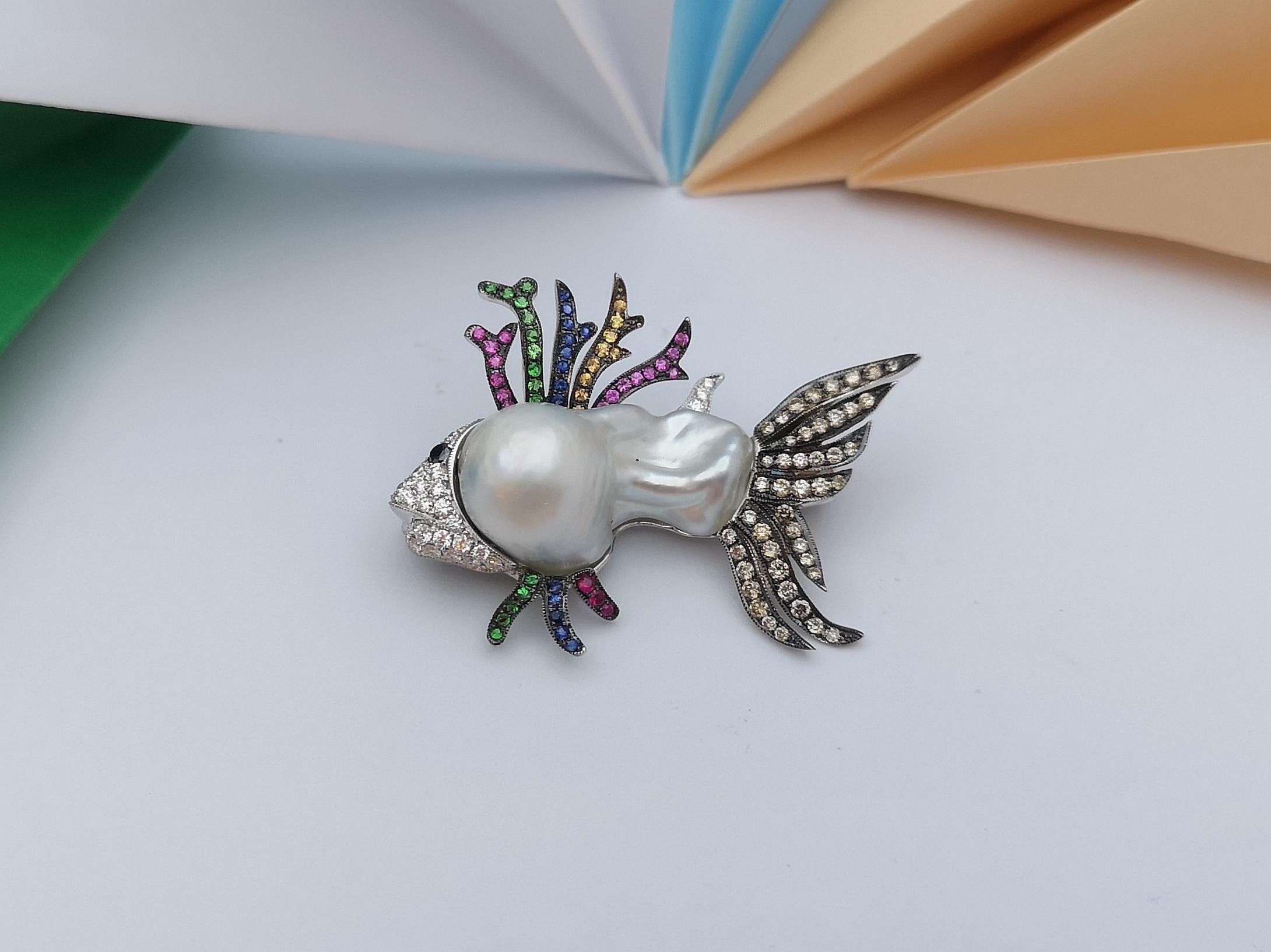 Women's South Sea Pearl, Muti Color Sapphire Scorpionfish Brooch in 18K White Gold For Sale