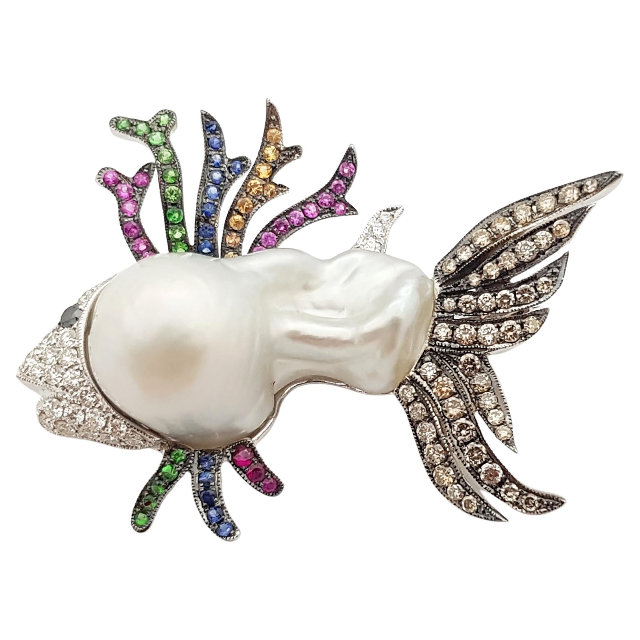 South Sea Pearl, Muti Color Sapphire Scorpionfish Brooch in 18K White Gold