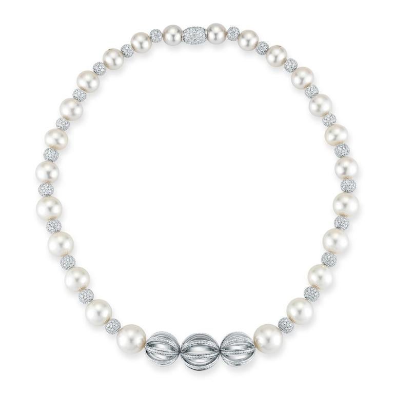 SOUTH SEA PEARL NECKLACE A timeless and wearable necklace of luminous South Sea pearls and diamond beads. Item: # 02314 Metal: 18k W Diamond Weight: 18.25 ct.
