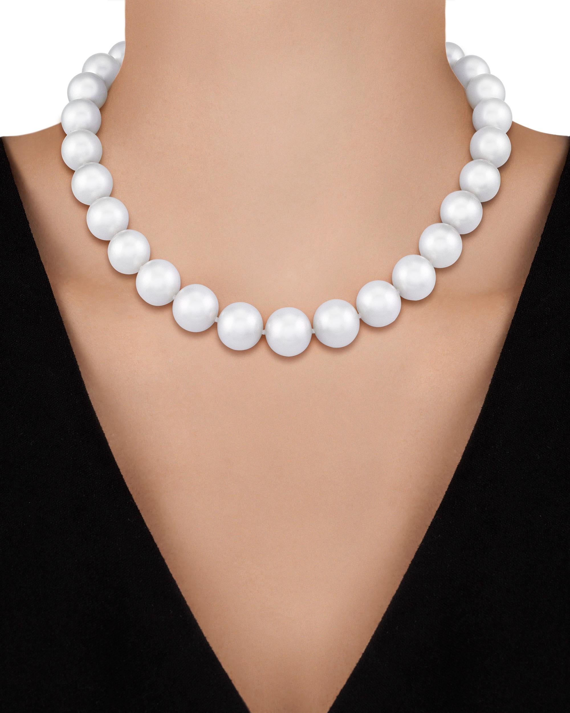 South Sea pearls are among the largest and most coveted pearls in the world, and the twenty-nine examples in this classic strand necklace can be counted among the finest of their kind. The perfectly matched, graduated gems measure 15mm to 13mm, and