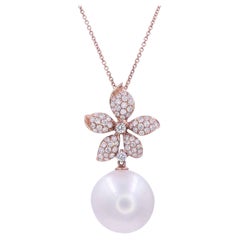 Round White South Sea Pearl Pave Diamond Flower 14K Gold Pendant Charm Necklace