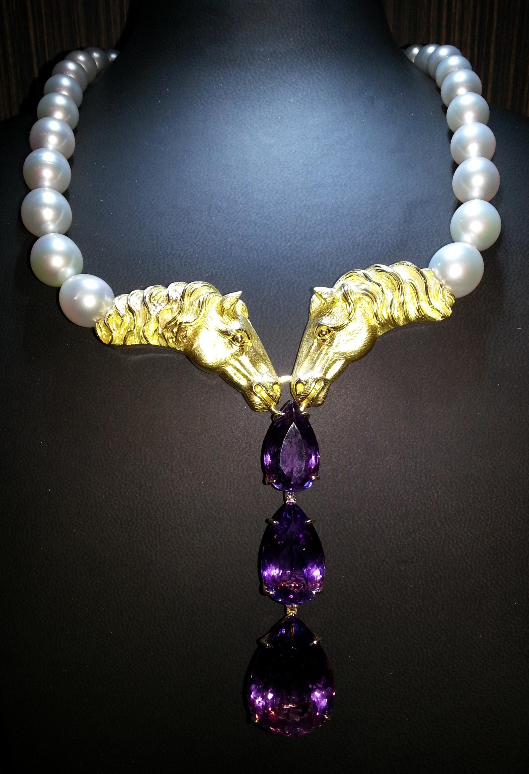 South Sea Pearl Necklace & Hand Crafted 18k Gold Horse Heads, One of a Kind For Sale 3