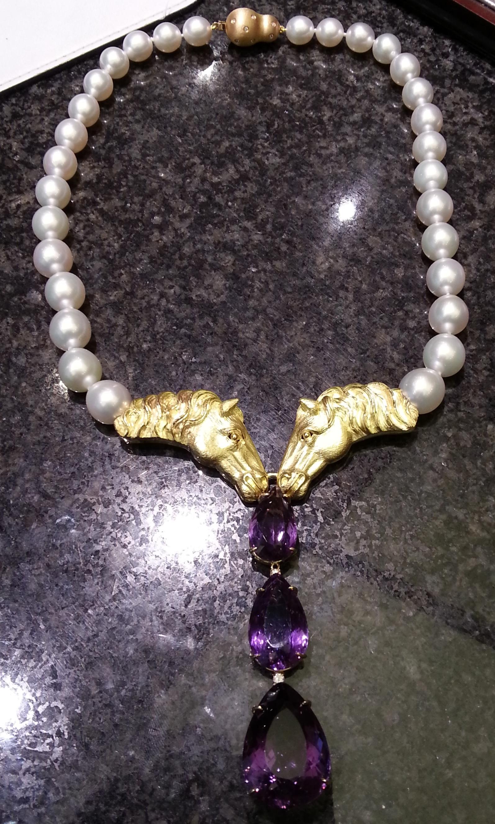 South Sea Pearl Necklace & Hand Crafted 18k Gold Horse Heads, One of a Kind For Sale 6