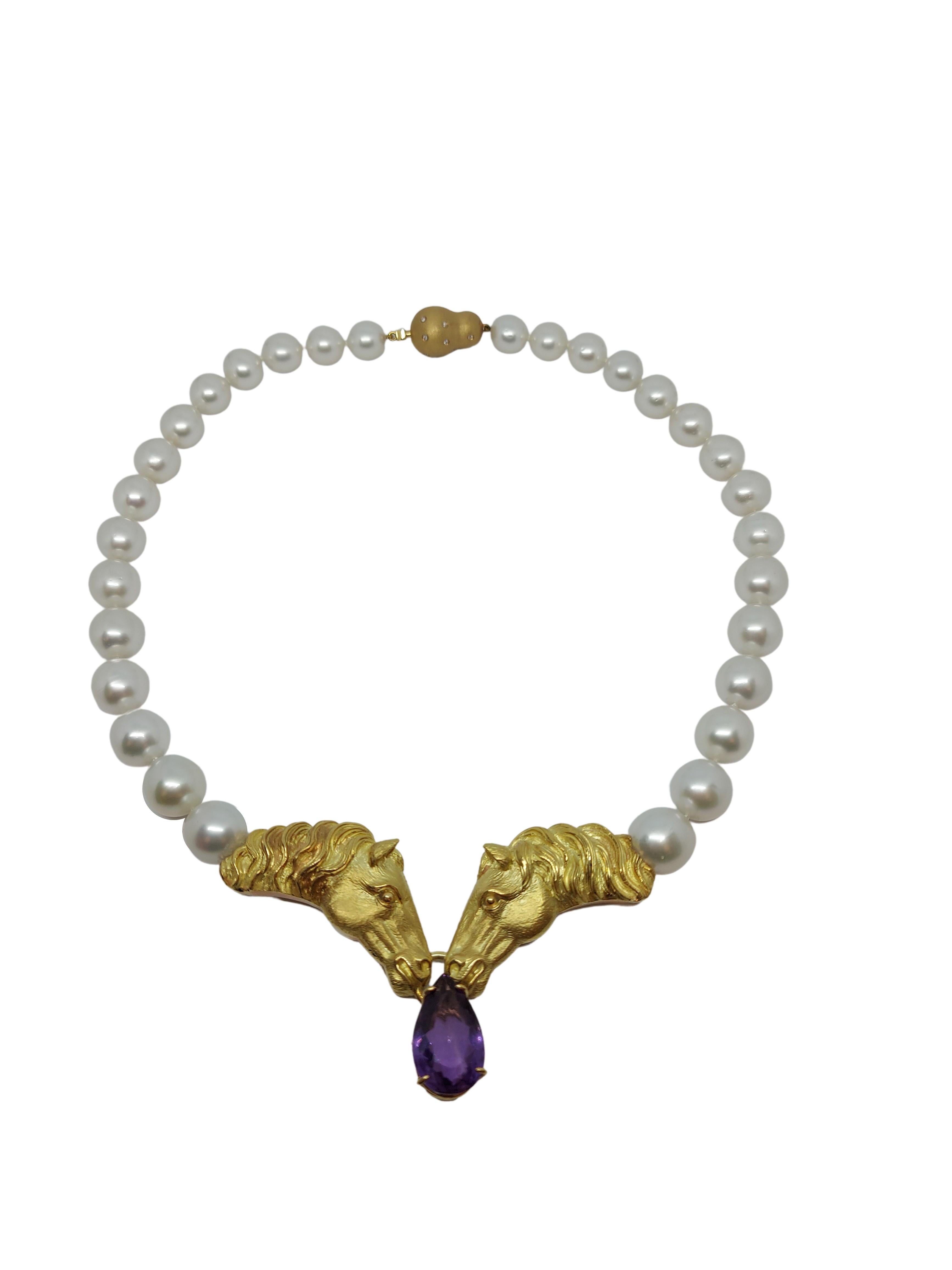 South Sea Pearl Necklace & Hand Crafted 18k Gold Horse Heads, One of a Kind For Sale 1