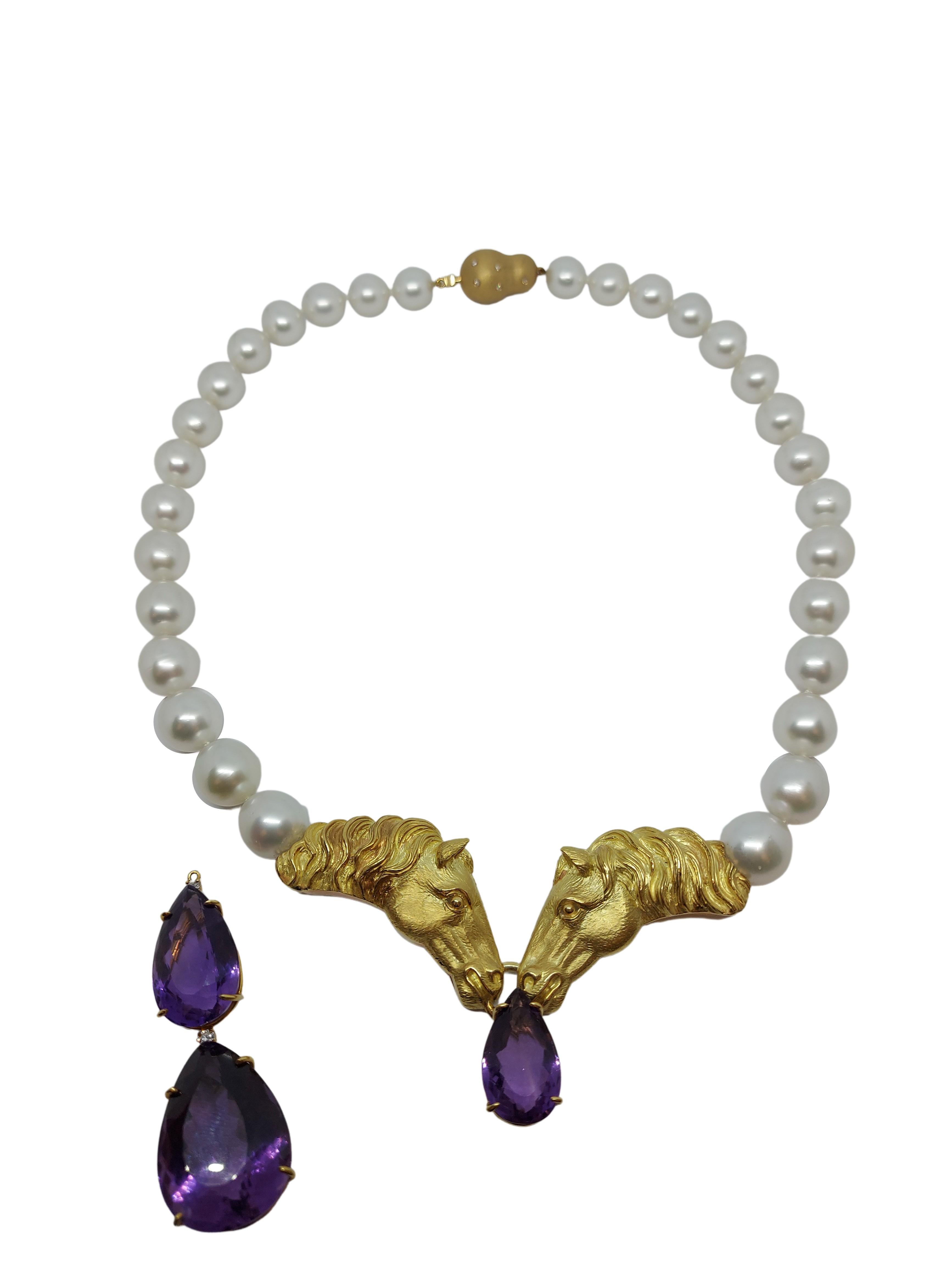 South Sea Pearl Necklace & Hand Crafted 18k Gold Horse Heads, One of a Kind For Sale 2