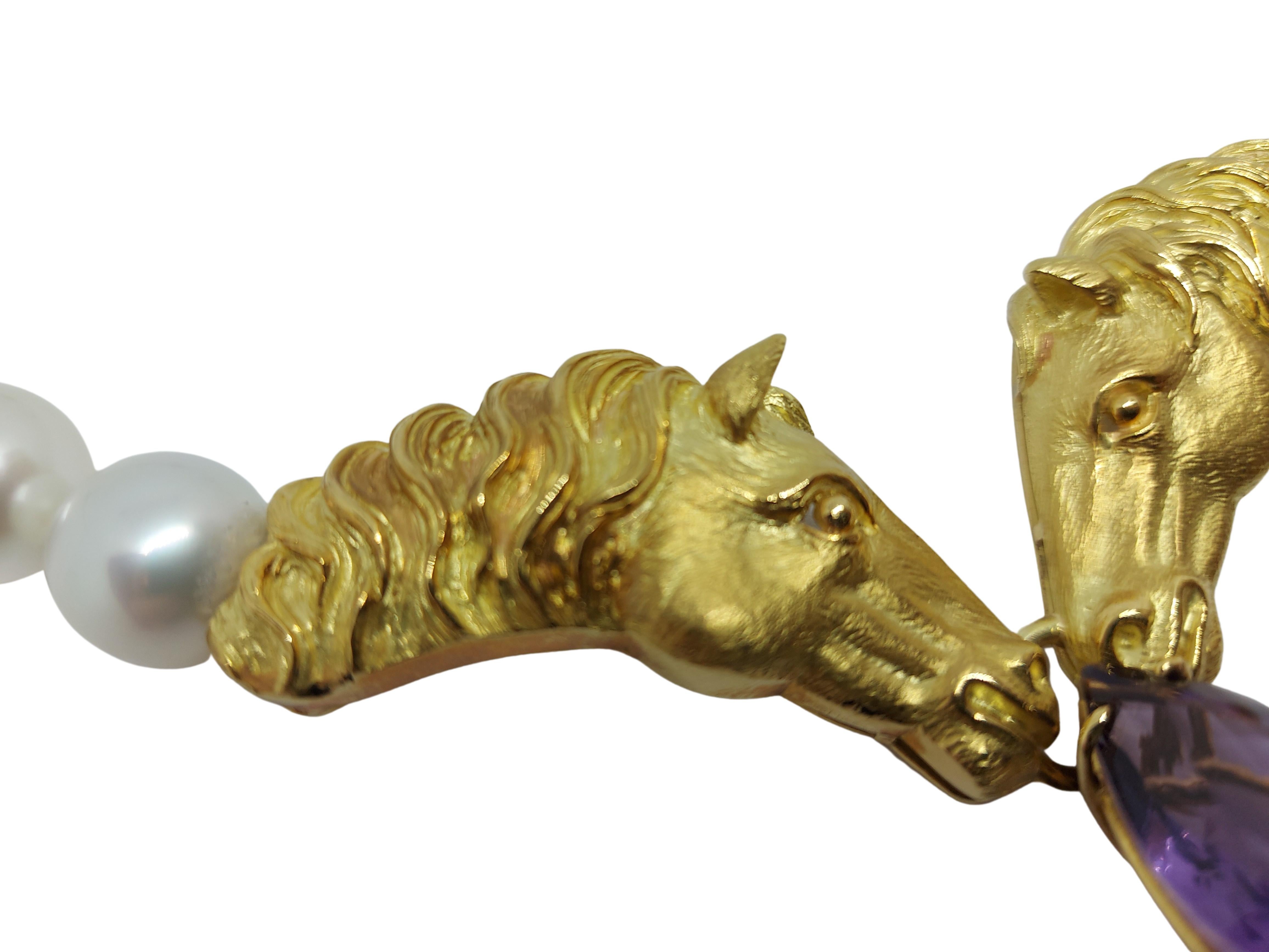 Collier de perles des mers du Sud et têtes de chevaux en or 18 carats fabriquées à la main, exemplaire unique Neuf - En vente à Antwerp, BE