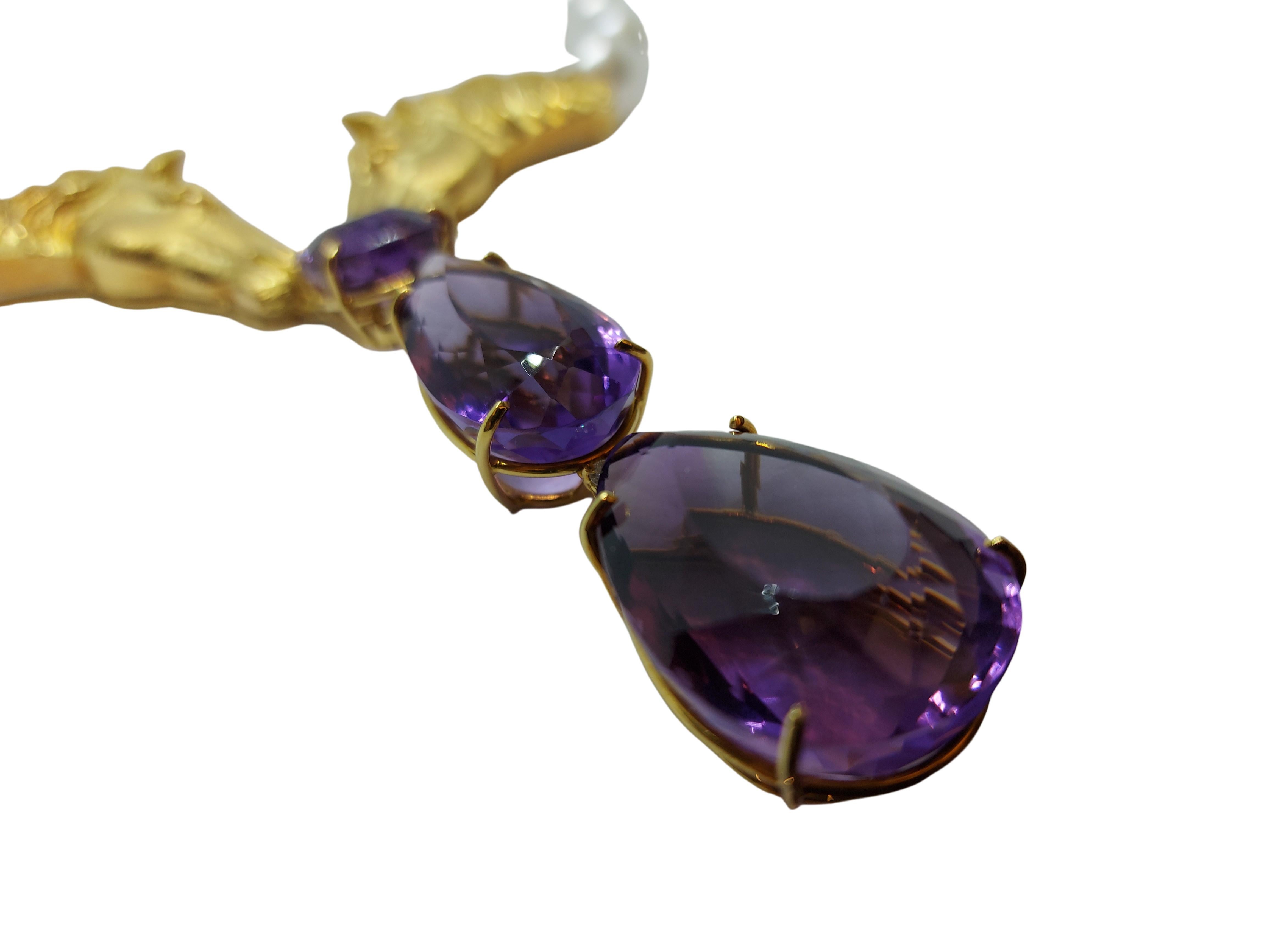 Artisan South Sea Pearl Necklace & Hand Crafted 18k Gold Horse Heads, One of a Kind For Sale
