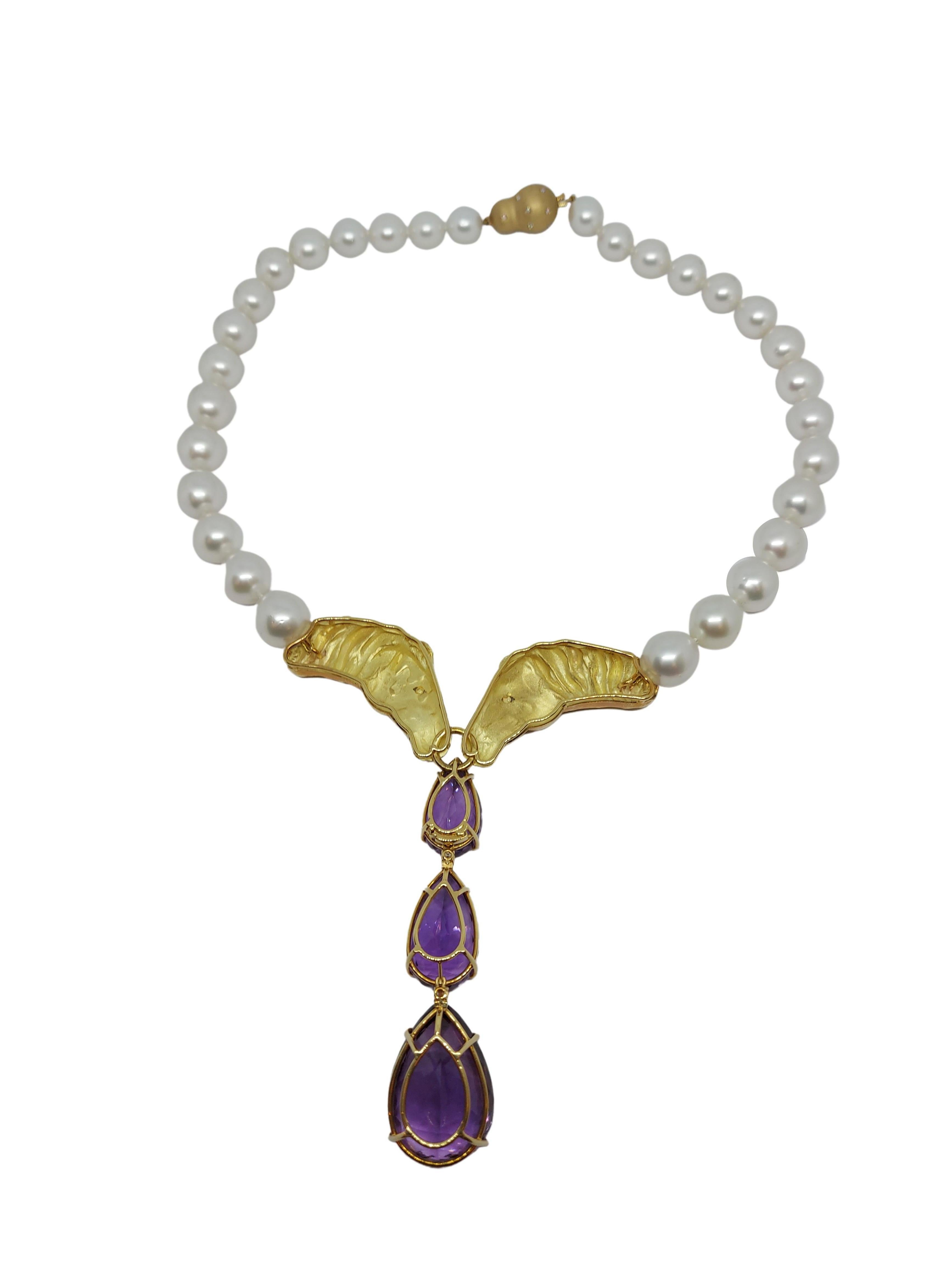 Women's or Men's South Sea Pearl Necklace & Hand Crafted 18k Gold Horse Heads, One of a Kind For Sale