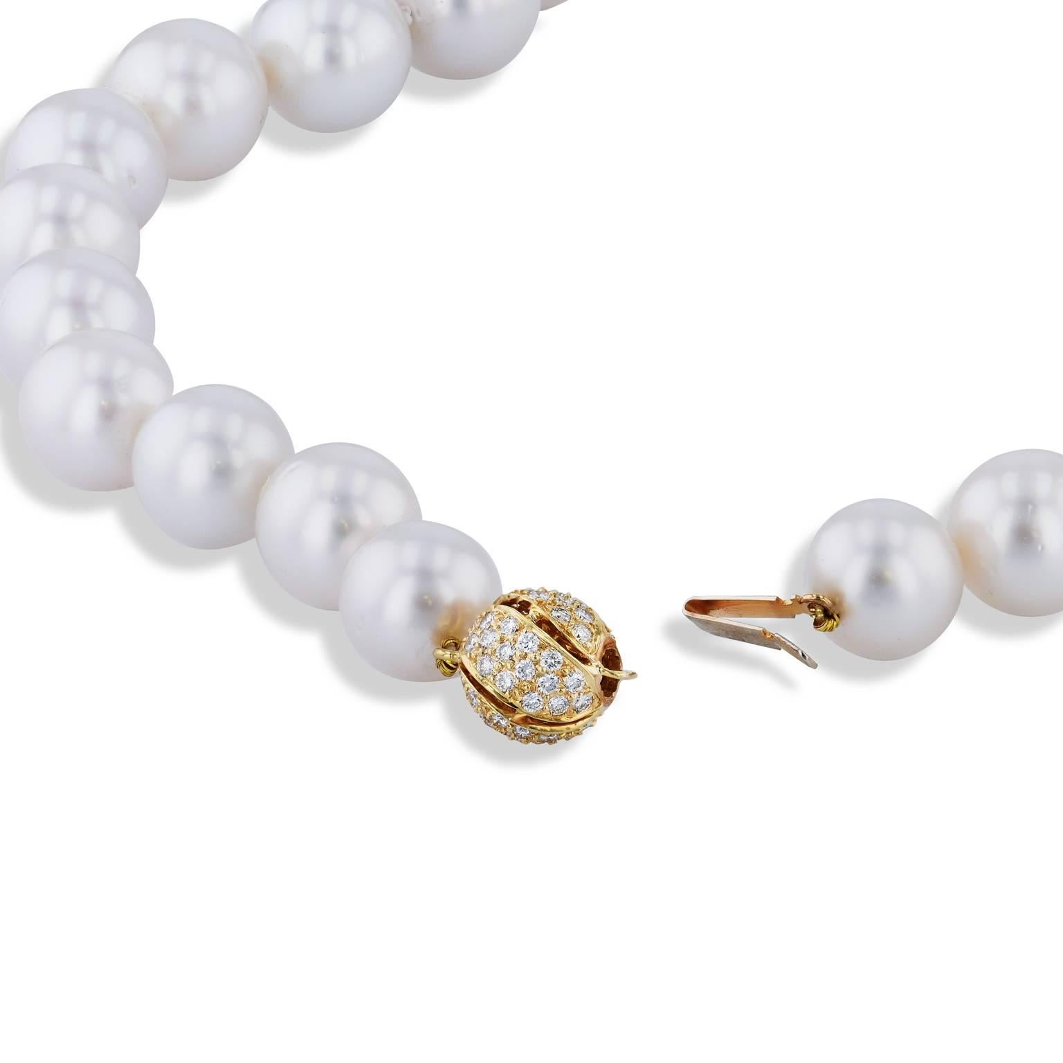 Thirty-one South Sea pearls, measuring 11.0 – 14.5 millimeters, are strung together to create a spectacular necklace. 0.75 carat of pave-set diamond (G/H/VS/SI) on 18 karat yellow gold clasp visually elevate the impact of this special piece. With