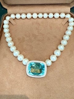 South Sea Pearl  Necklace with  18 K white Gold Aquamarine Diamond Pendant