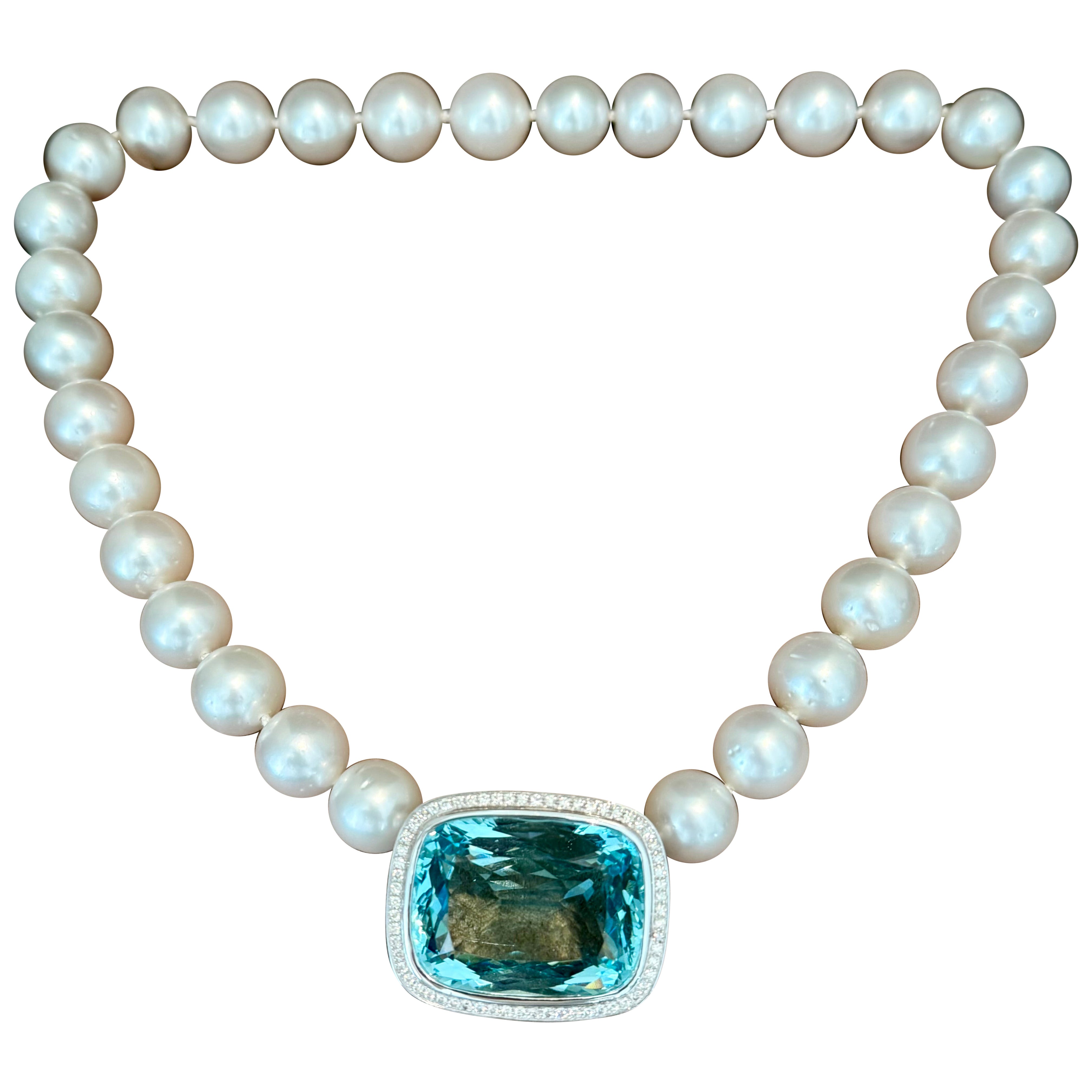 Perla dei mari del sud Collana con Ciondolo con diamante e acquamarina in oro bianco 18 K.
