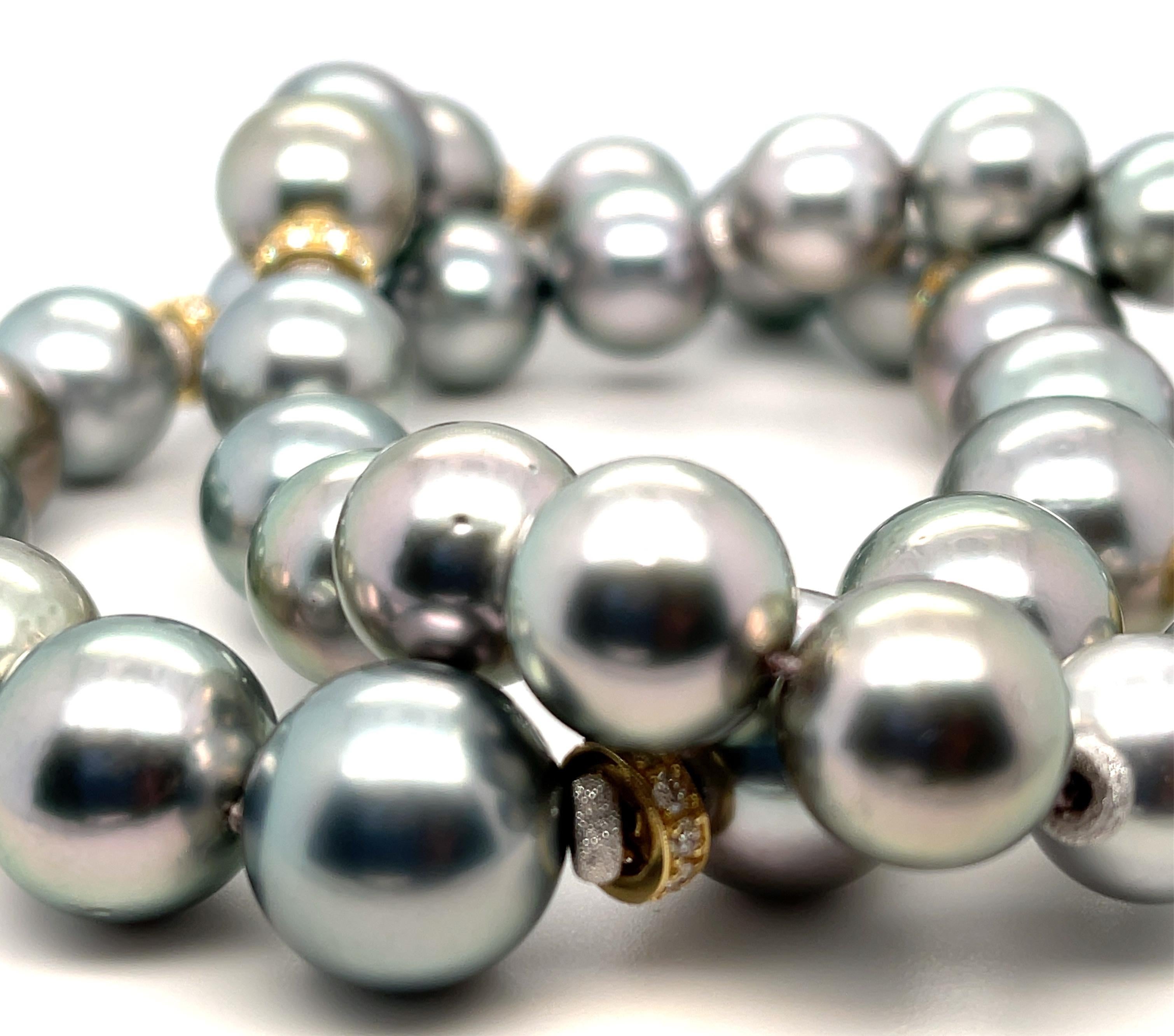 Artisan South Sea Pearl Necklace with 18k Yellow Gold and Diamond Rondels, 19 Inches For Sale