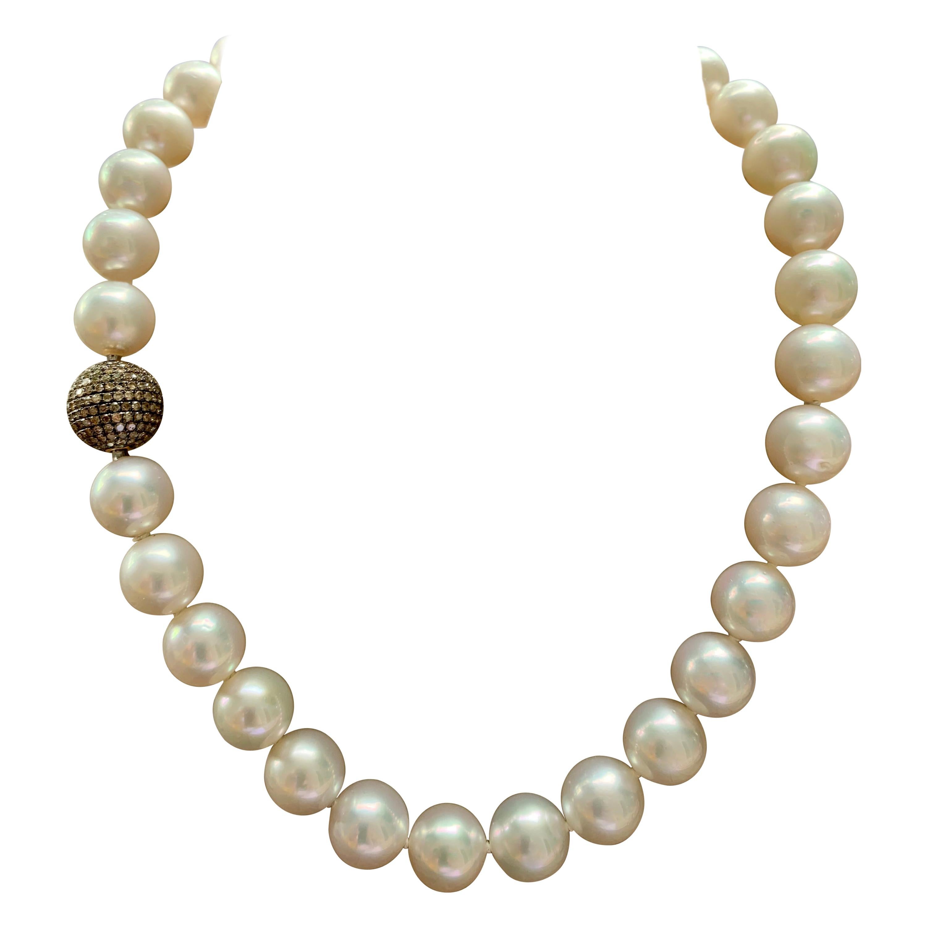 South Sea Pearl Necklace with Champagne Colored Diamond Clasp For Sale