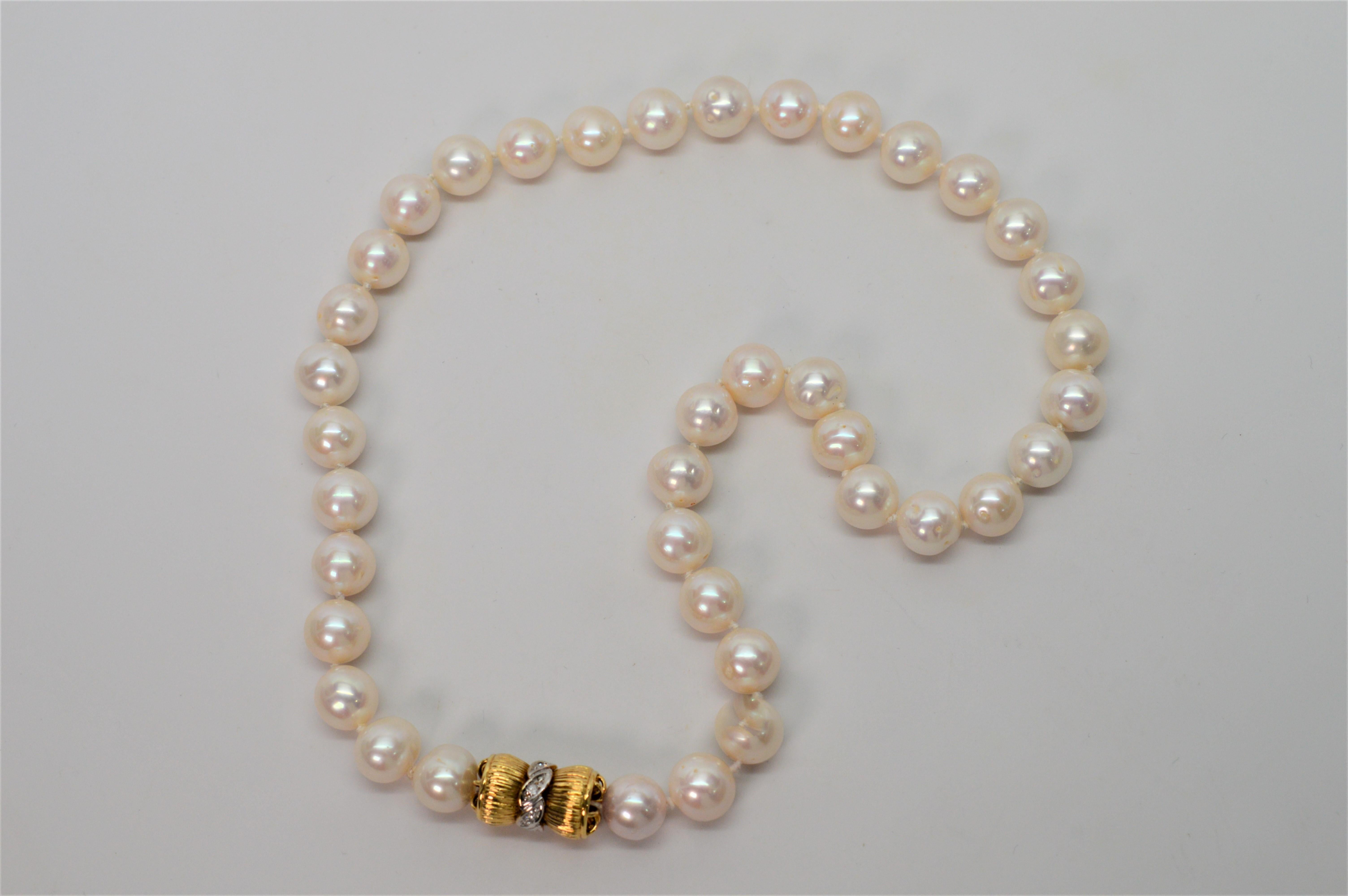 Freshwater Akoya Pearl Necklace w Gold Diamond Bow Clasp 1