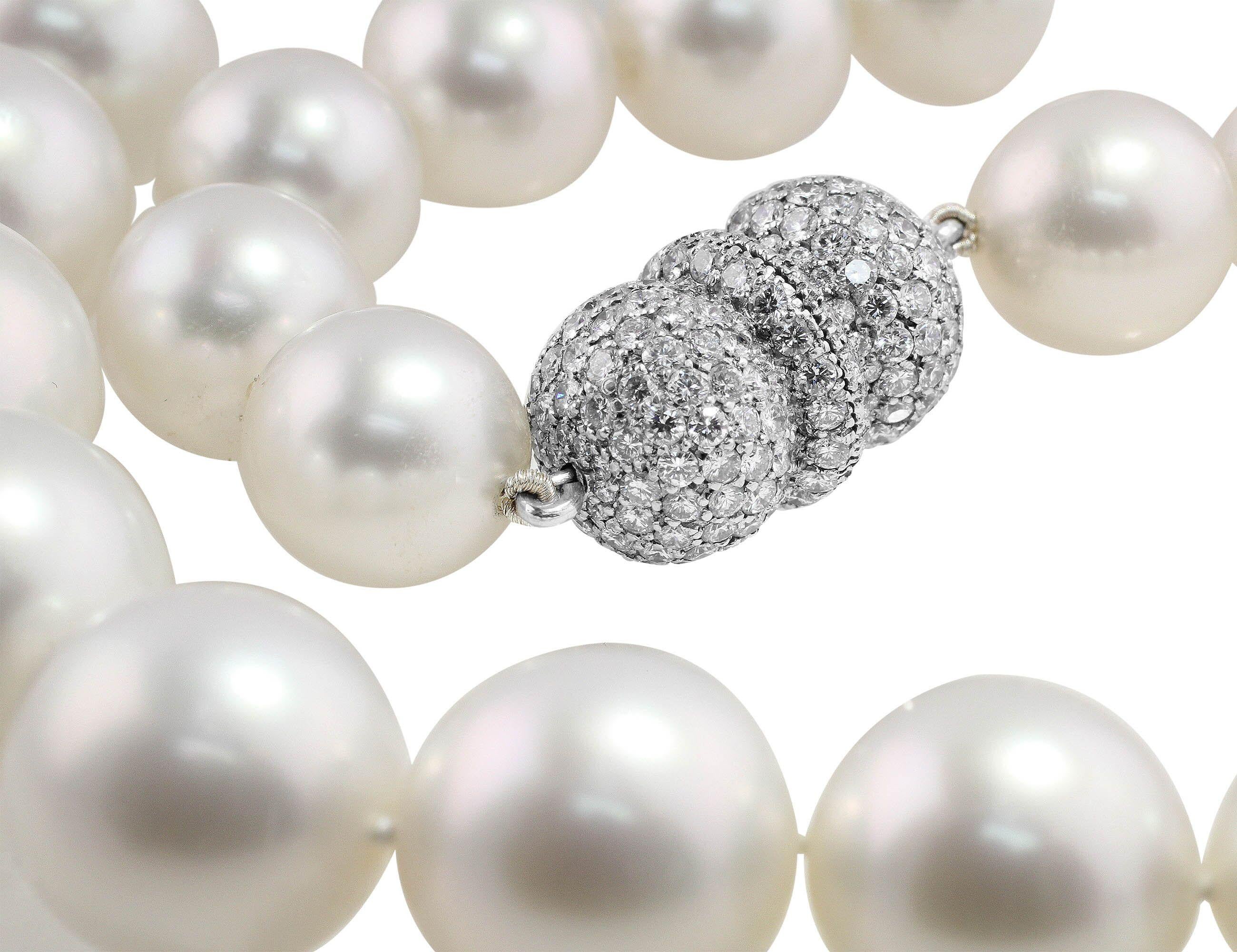 Gorgeous estate South Sea pearl necklace with pave diamond platinum clasp. This unique necklace features 31 South Sea pearls ranging from 12-15.75mm.