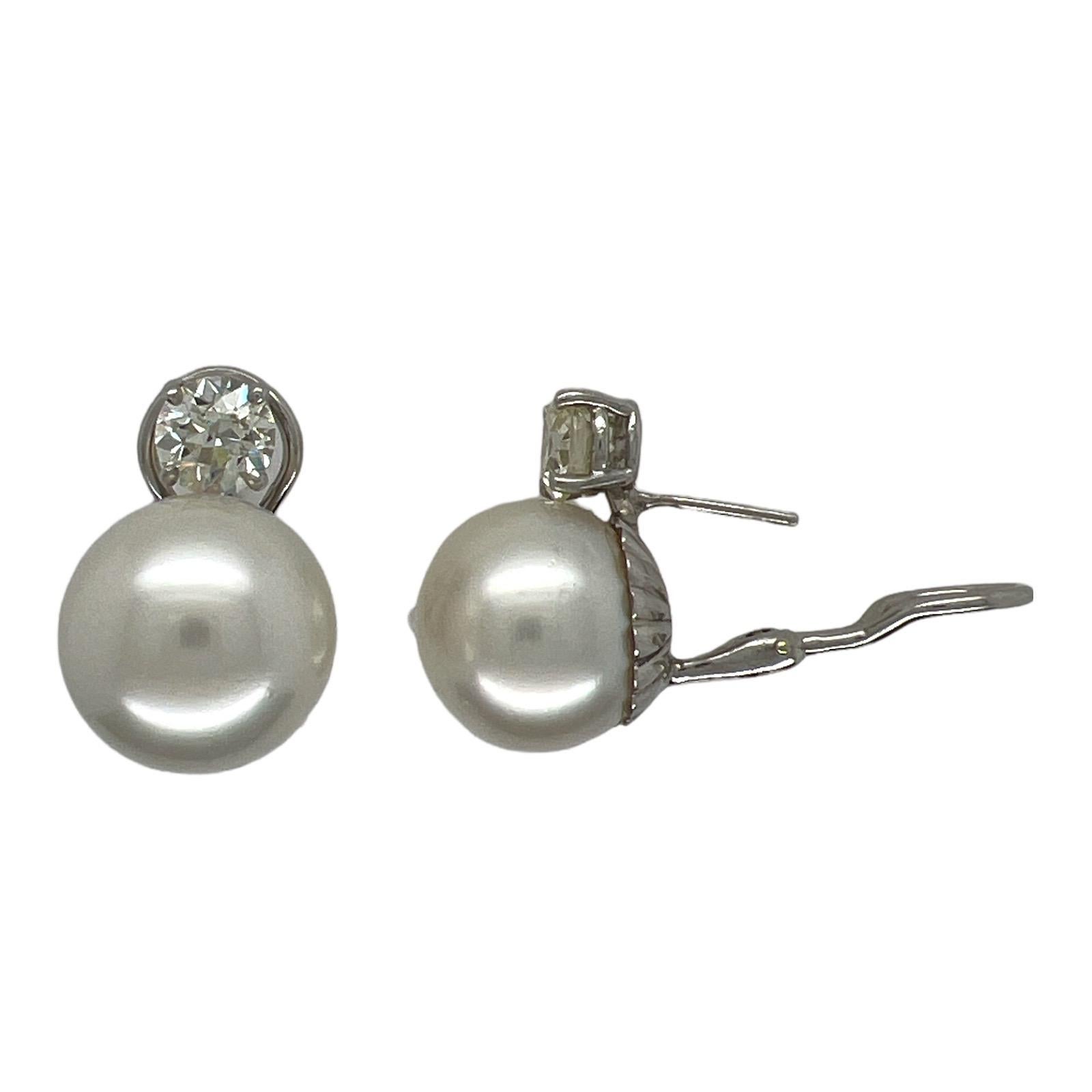 South Sea Pearl Old European Cut Diamond Platinum Stud Earrings Leverbacks In Excellent Condition In Boca Raton, FL