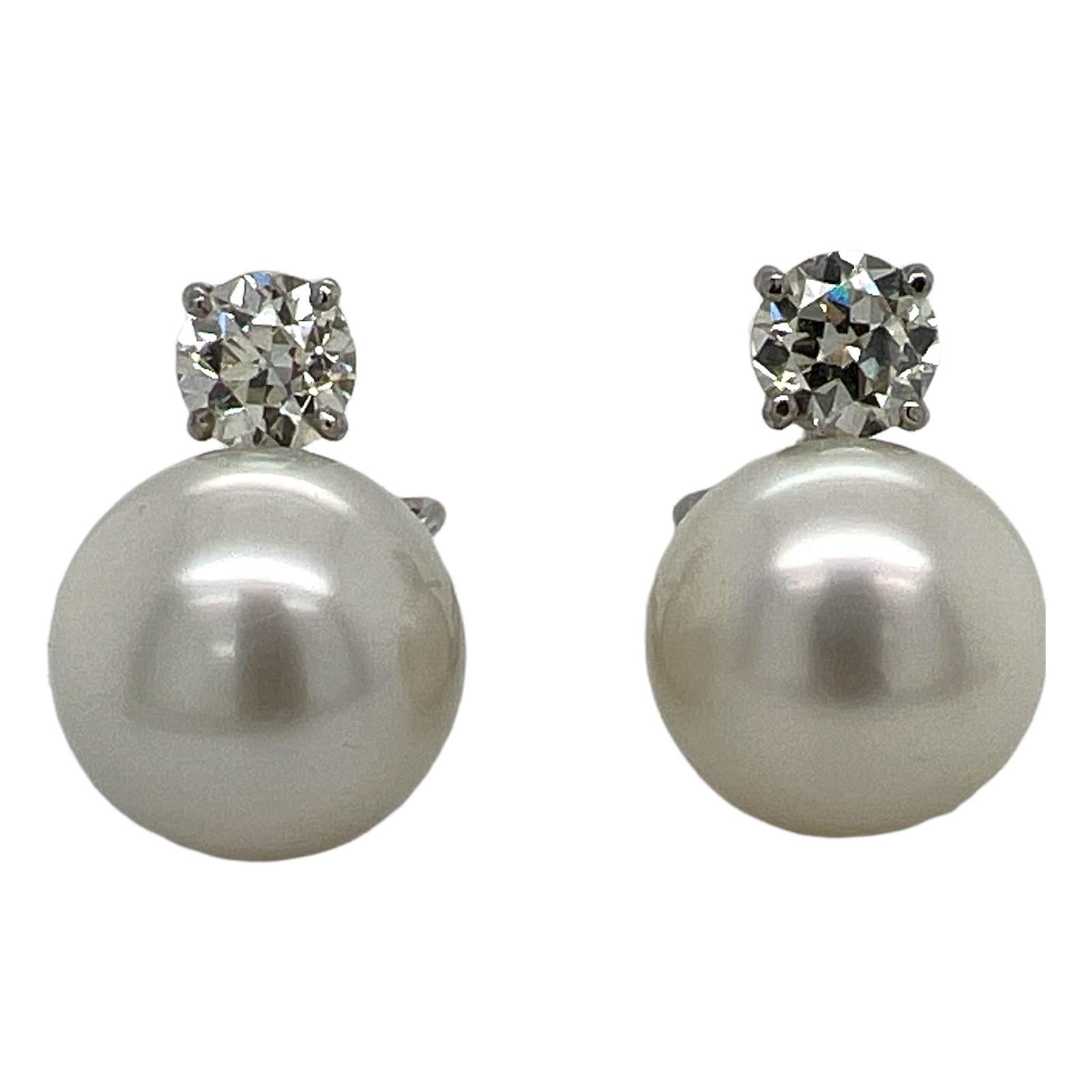 Women's South Sea Pearl Old European Cut Diamond Platinum Stud Earrings Leverbacks