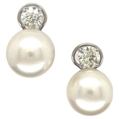 South Sea Pearl Old European Cut Diamond Platinum Stud Earrings Leverbacks