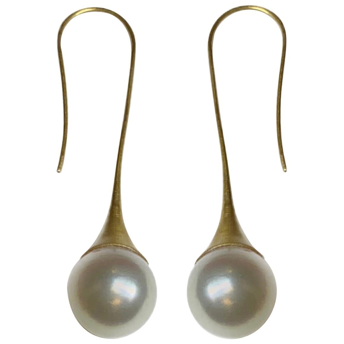 South Sea Pearl on Medium Trumpet Drop Earrings in 18 Karat Gold, A2 by Arunashi For Sale