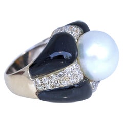 South Sea Pearl Onyx Diamond Cocktail Ring 18 Karat White Gold