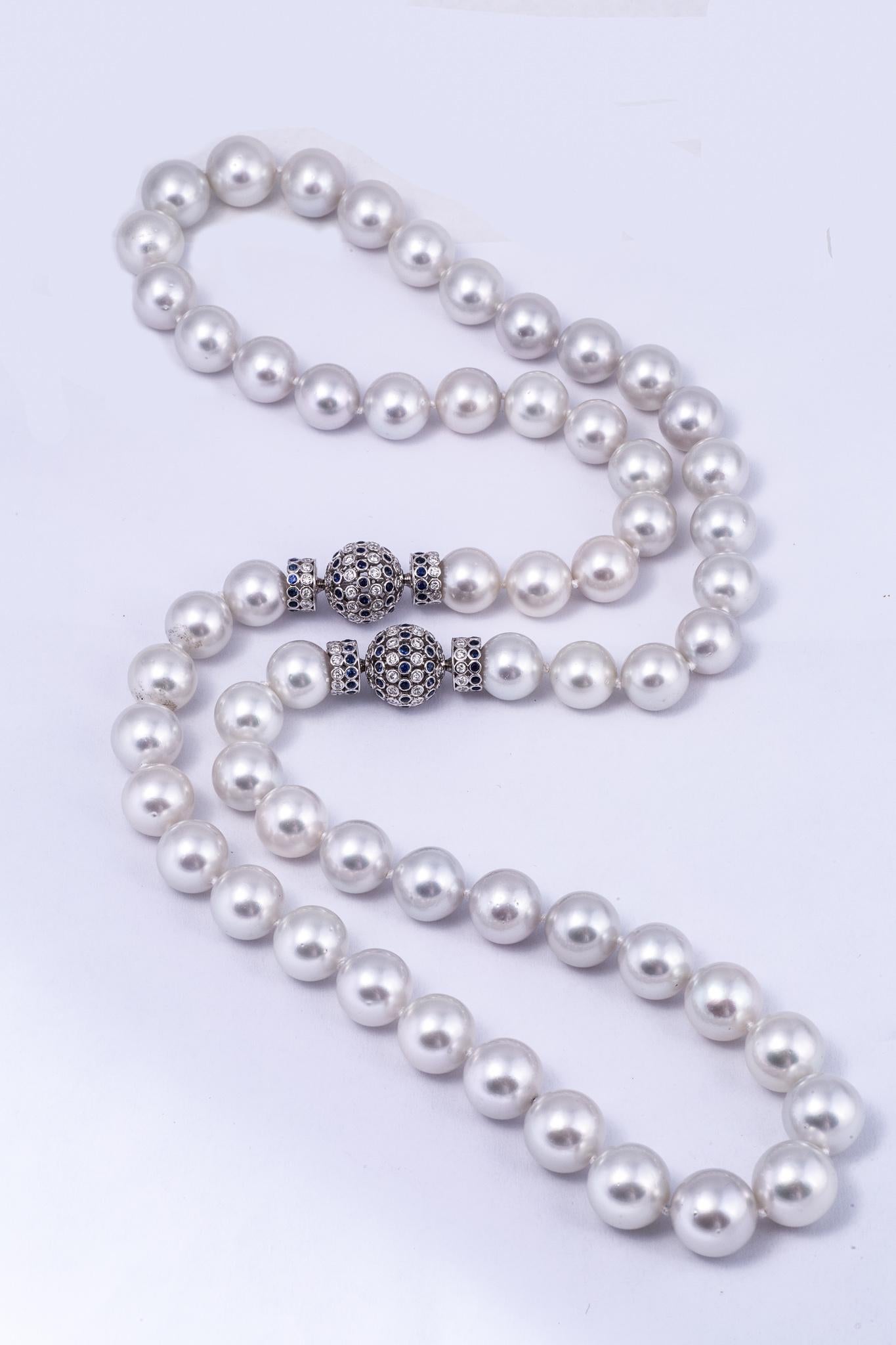 Contemporary South Sea Pearl Opera Length Necklace with Sapphire and Diamond Clasps