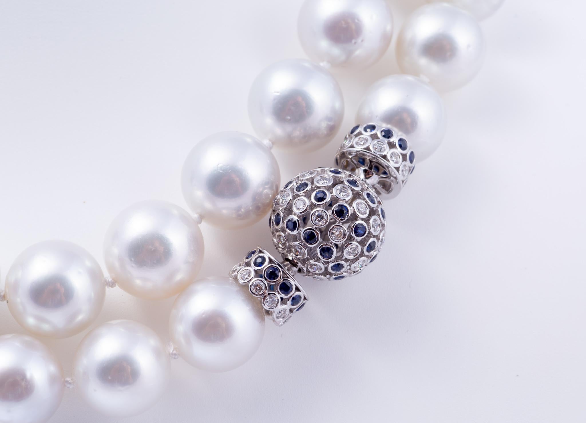 Round Cut South Sea Pearl Opera Length Necklace with Sapphire and Diamond Clasps
