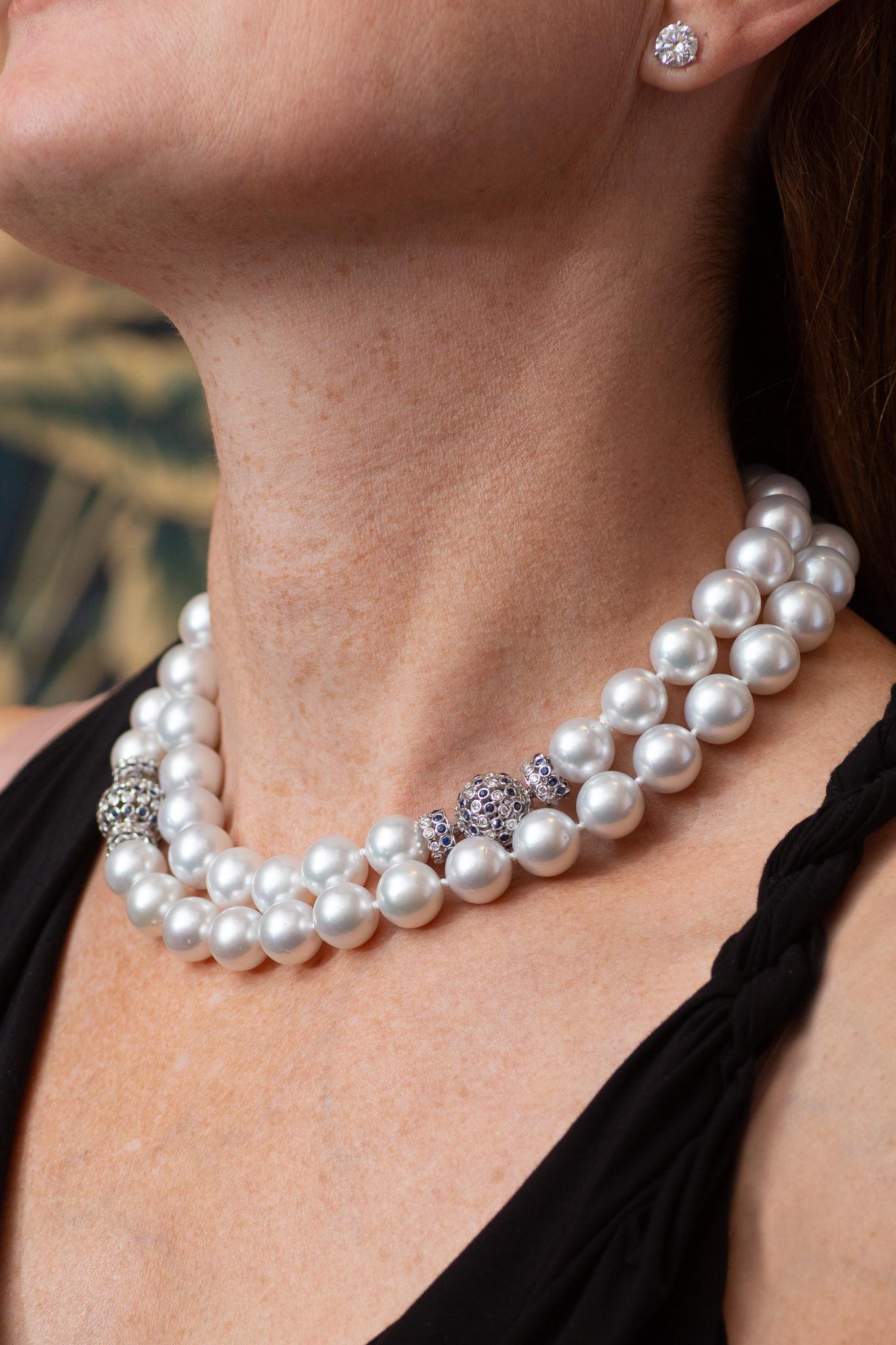 Women's or Men's South Sea Pearl Opera Length Necklace with Sapphire and Diamond Clasps