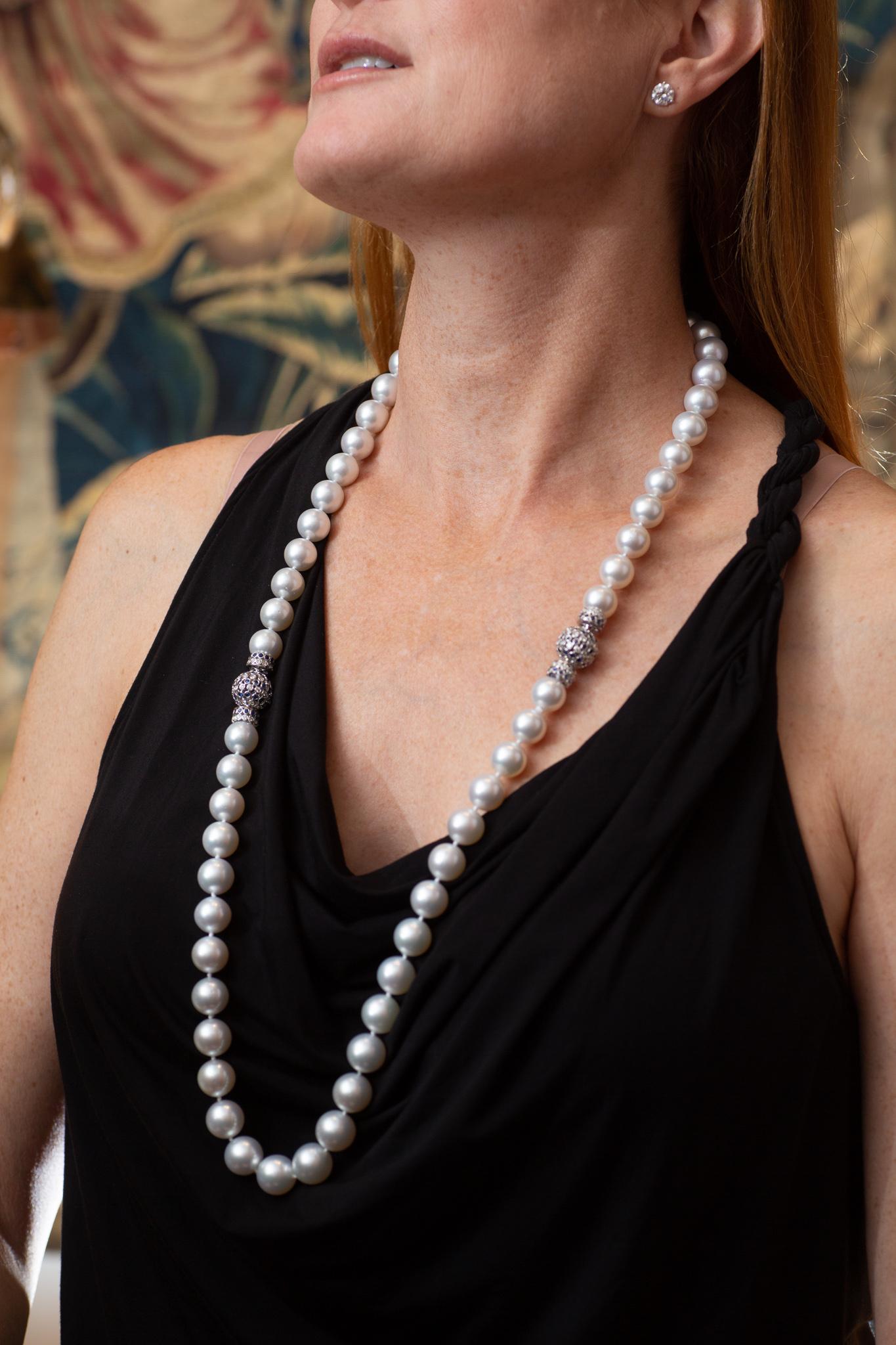 South Sea Pearl Opera Length Necklace with Sapphire and Diamond Clasps 1