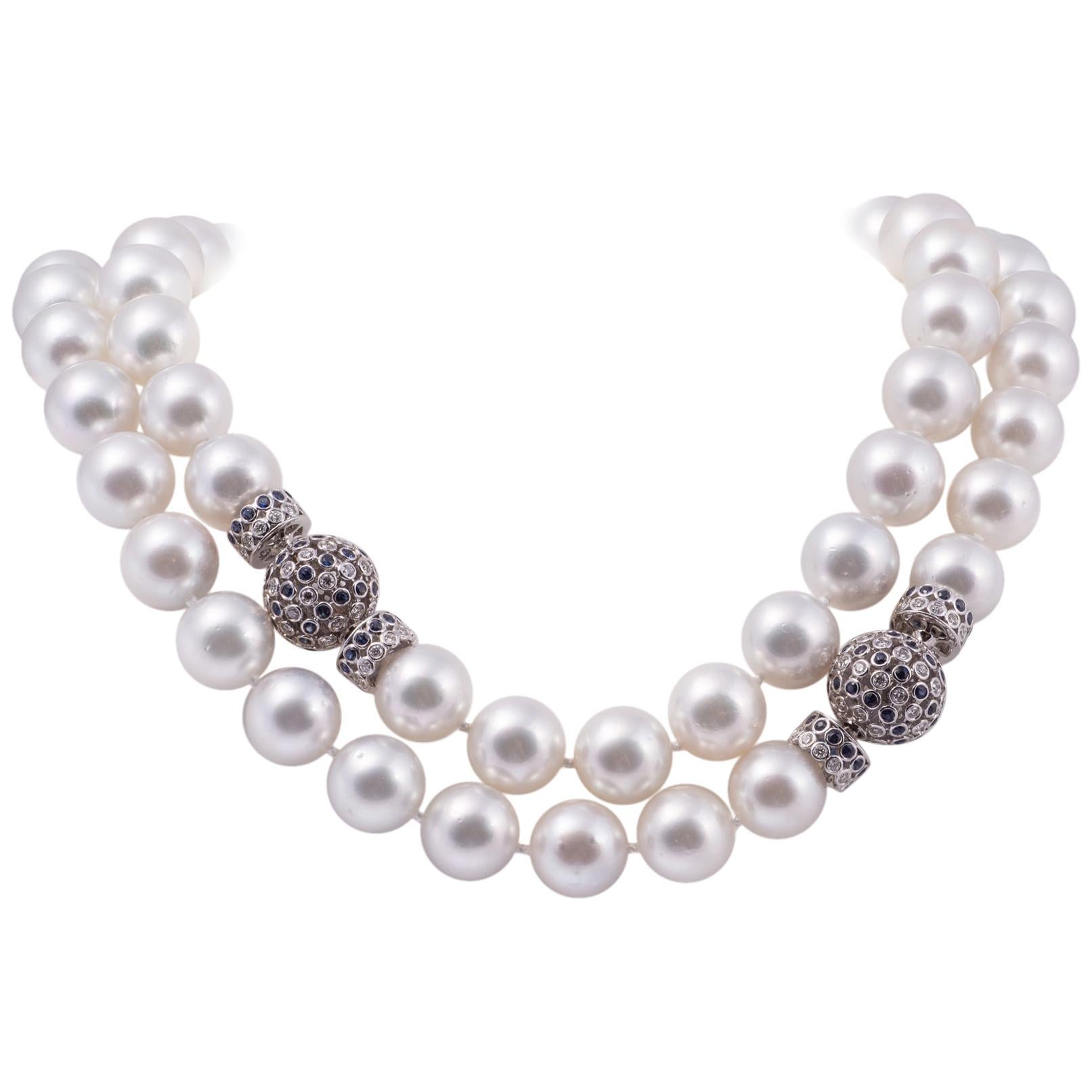 South Sea Pearl Opera Length Necklace with Sapphire and Diamond Clasps