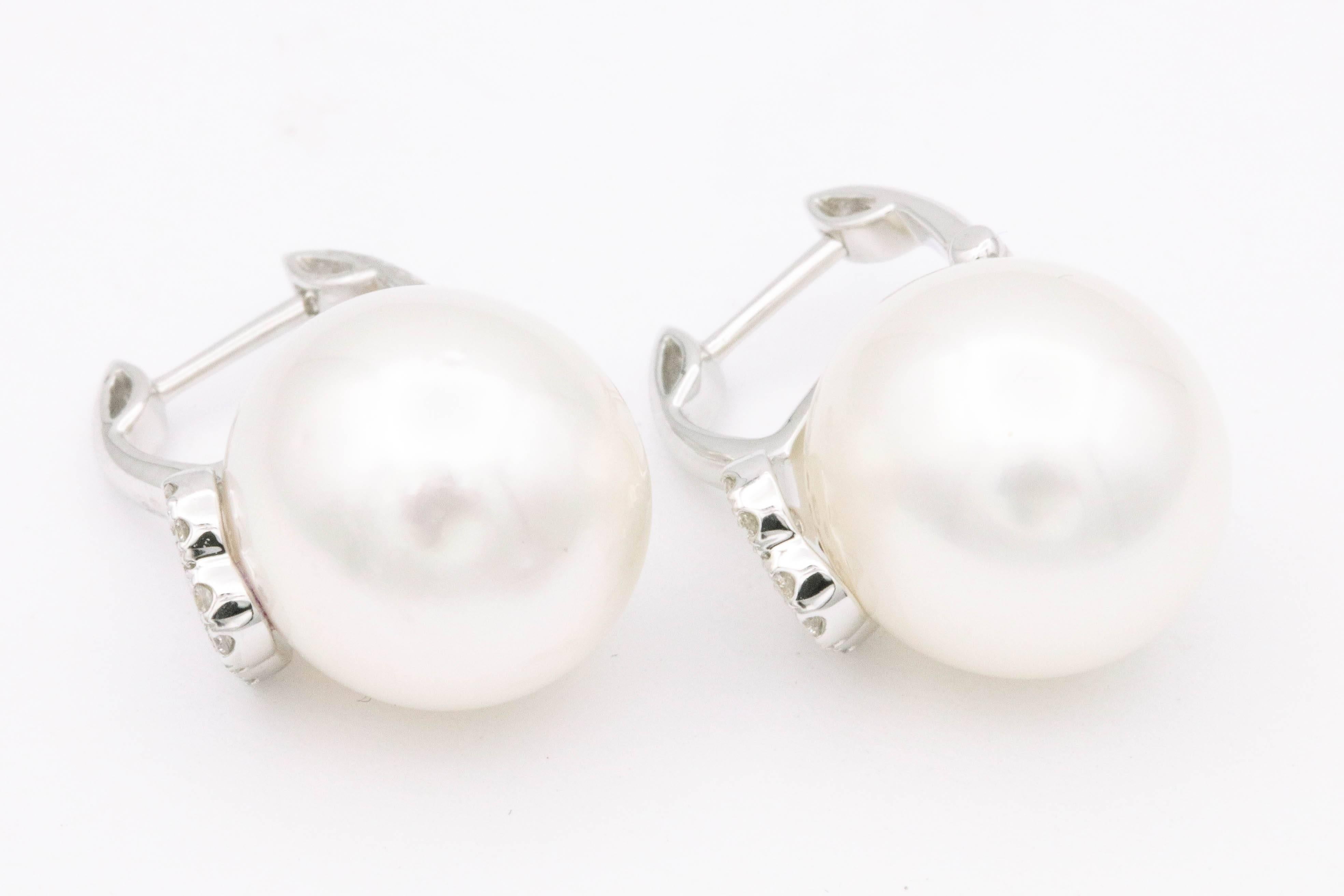 Contemporary South Sea Pearl Oval Shape Drop Earrings with Diamond Accent For Sale