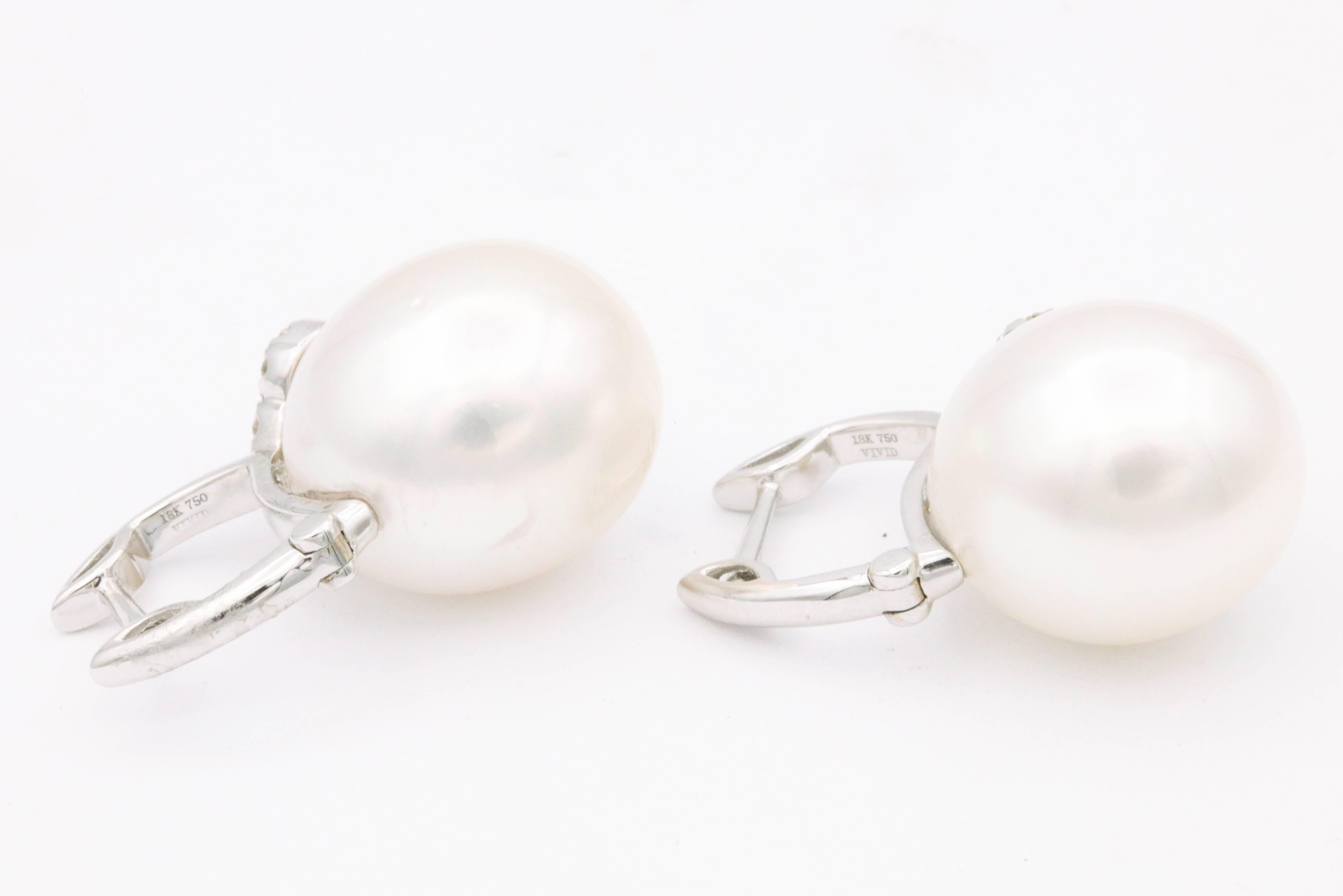 Round Cut South Sea Pearl Oval Shape Drop Earrings with Diamond Accent For Sale