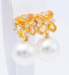South Sea Pearl Oval Yellow Sapphire Diamond White Gold Dangle Earrings