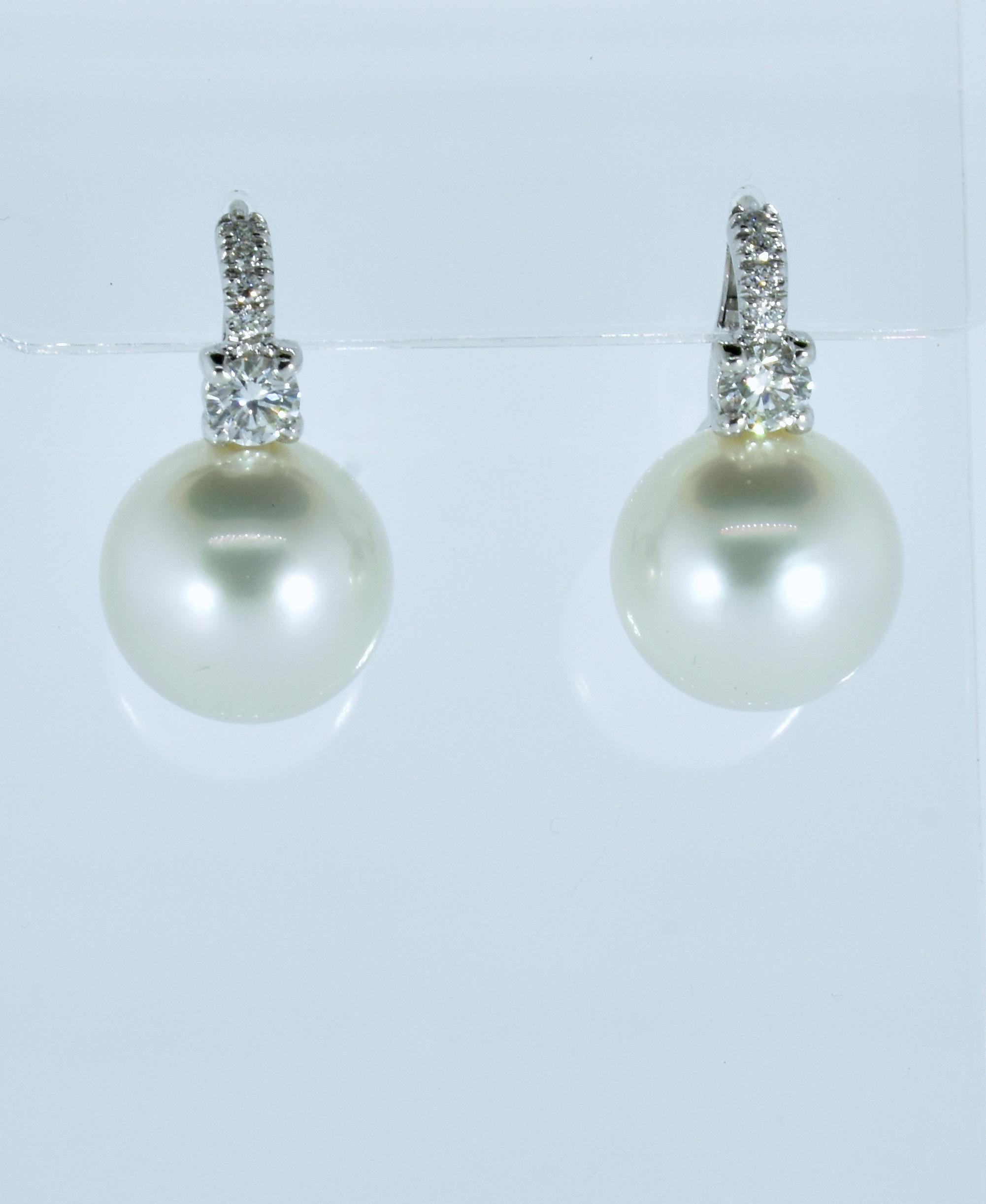 Women's or Men's South Sea Pearl, over 12 mm & Diamond 18k White Gold Fine Contemporary Earrings For Sale