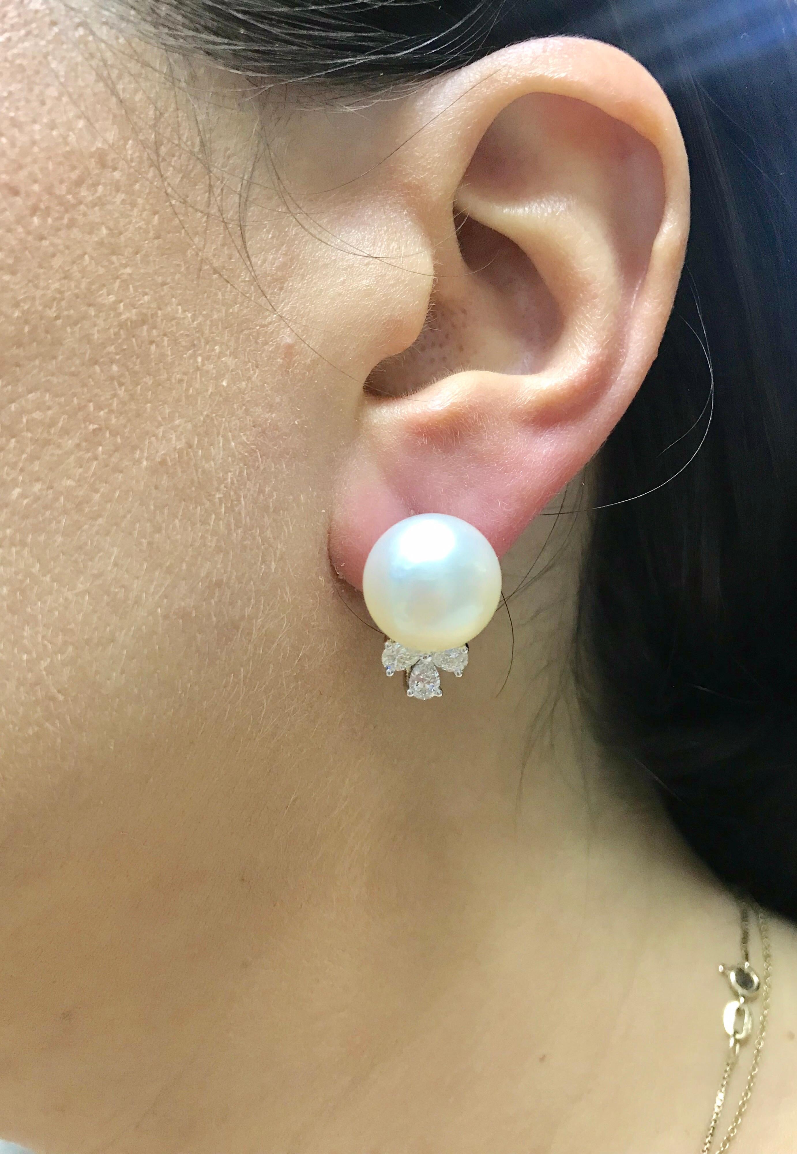 Women's South Sea Pearl Pear Shape Diamond Earrings 0.85 Carat For Sale