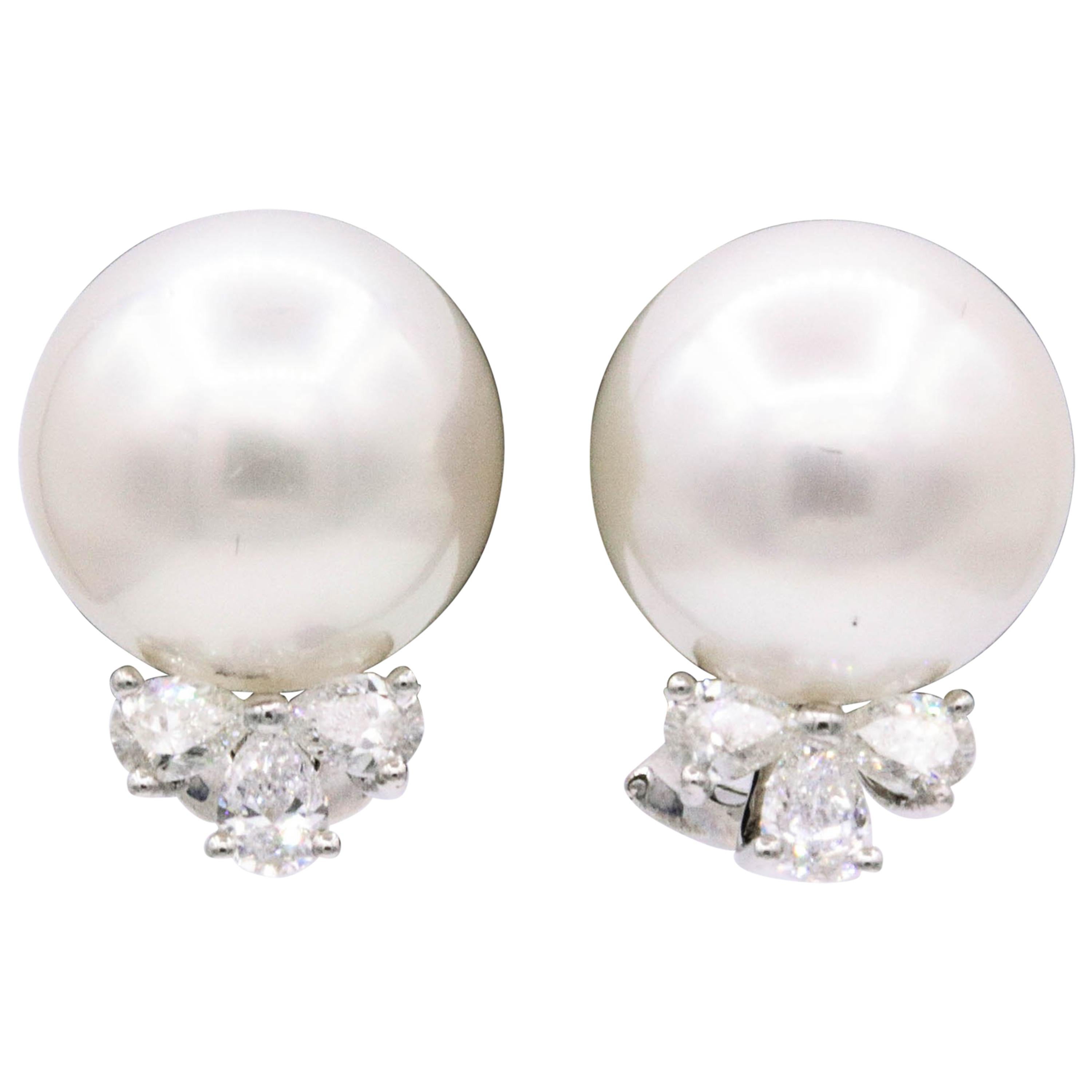 South Sea Pearl Pear Shape Diamond Earrings 0.85 Carat For Sale