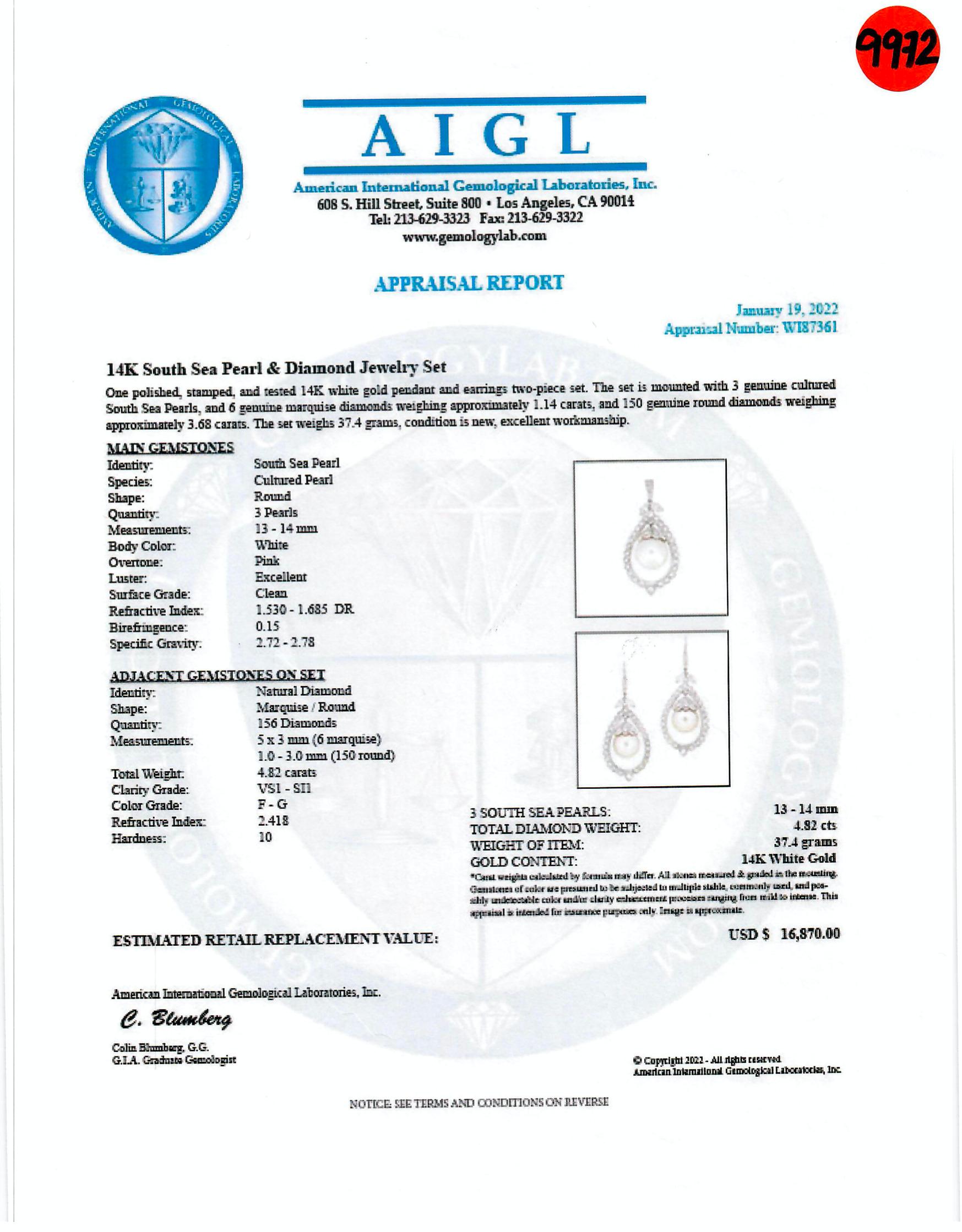 Art Deco South Sea Pearl Pendant & Earring Set in 14K White Gold with Diamonds For Sale
